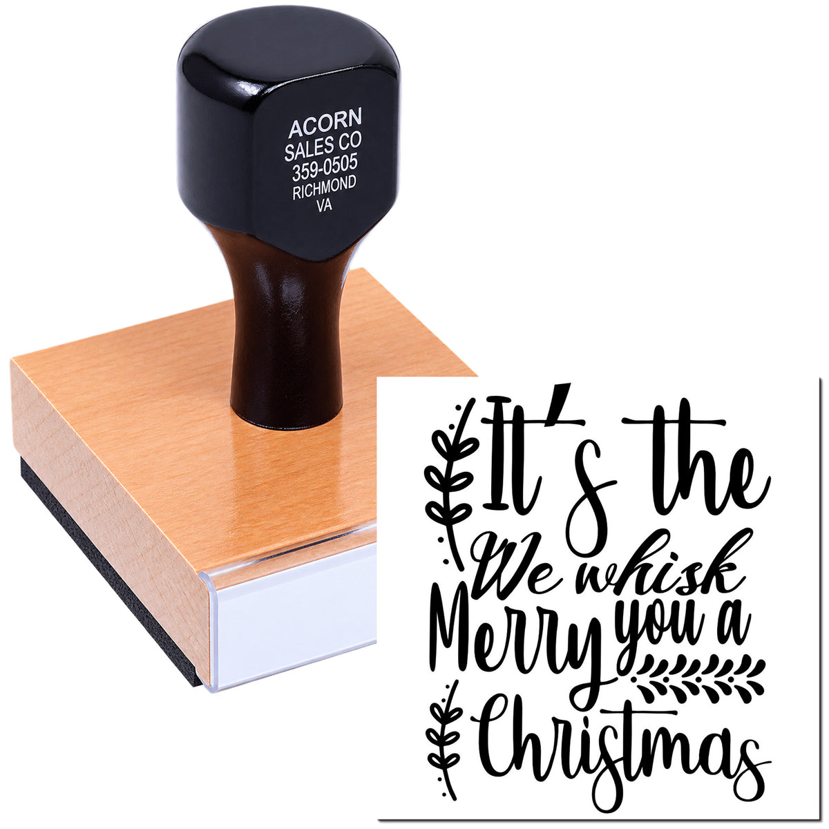 Festive Christmas rubber stamp with We wish you a Merry Christmas sentiment for holiday card making and paper crafting.