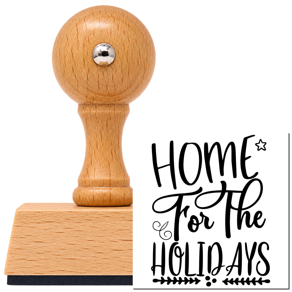 Home For The Holidays Vintage Pro rubber stamp in European beech wood with a round knob handle, shown beside its black imprint.