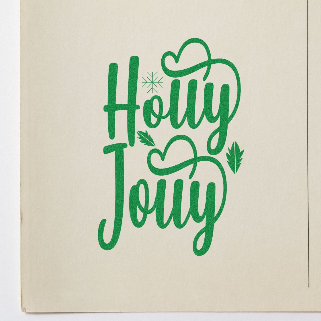 Holly Jolly holiday rubber stamp design in green script with festive holly leaves for Christmas cards and crafts.
