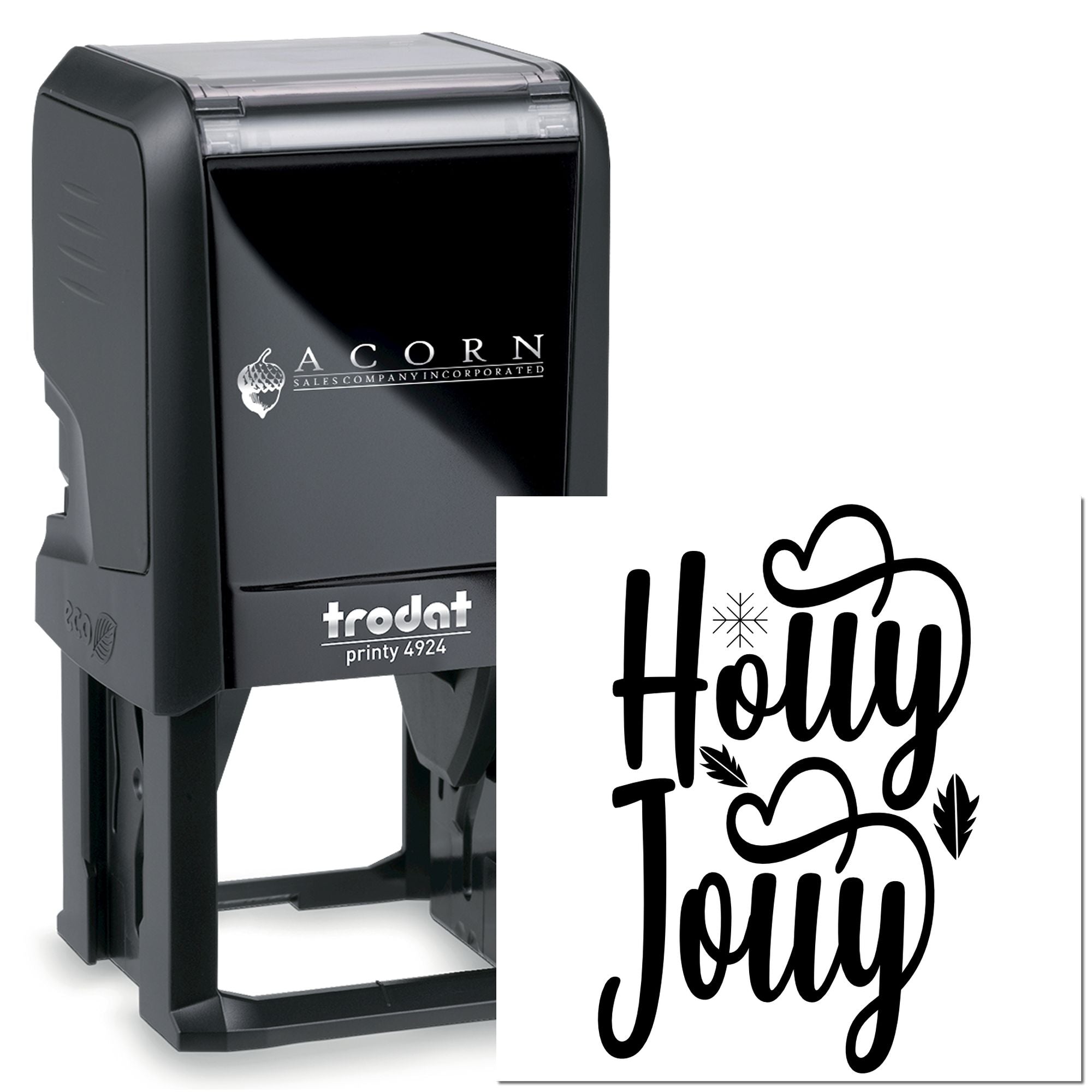 Custom self-inking rubber stamp with Holy Jolly holiday design, shown on a Trodat Printy 4924 stamp model.