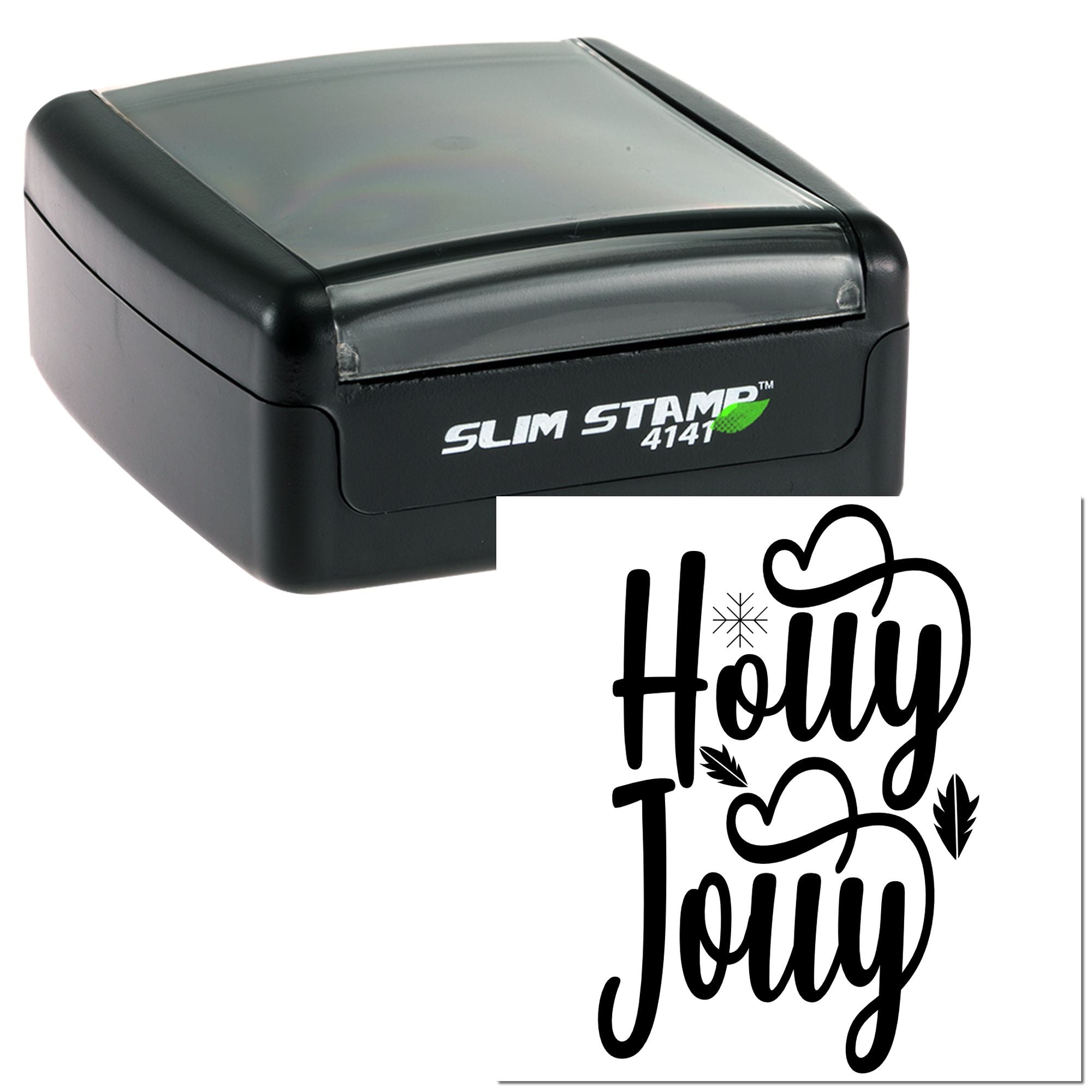 Self-inking rubber stamp with Holy Joy holiday design and slim stamp case.