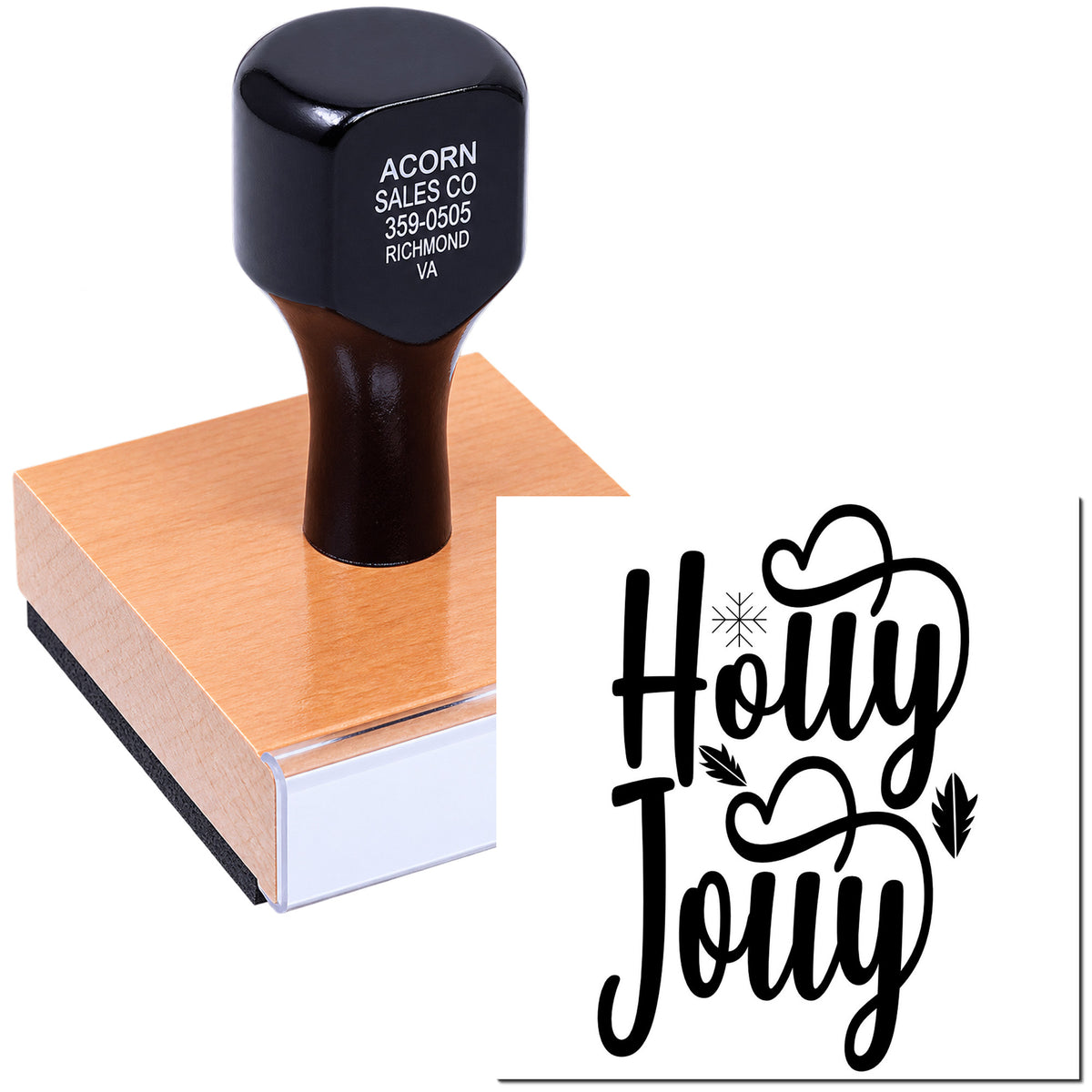 Custom Holy Jolly rubber stamp for Christmas cards and holiday crafts, featuring festive script with hearts and leaves.