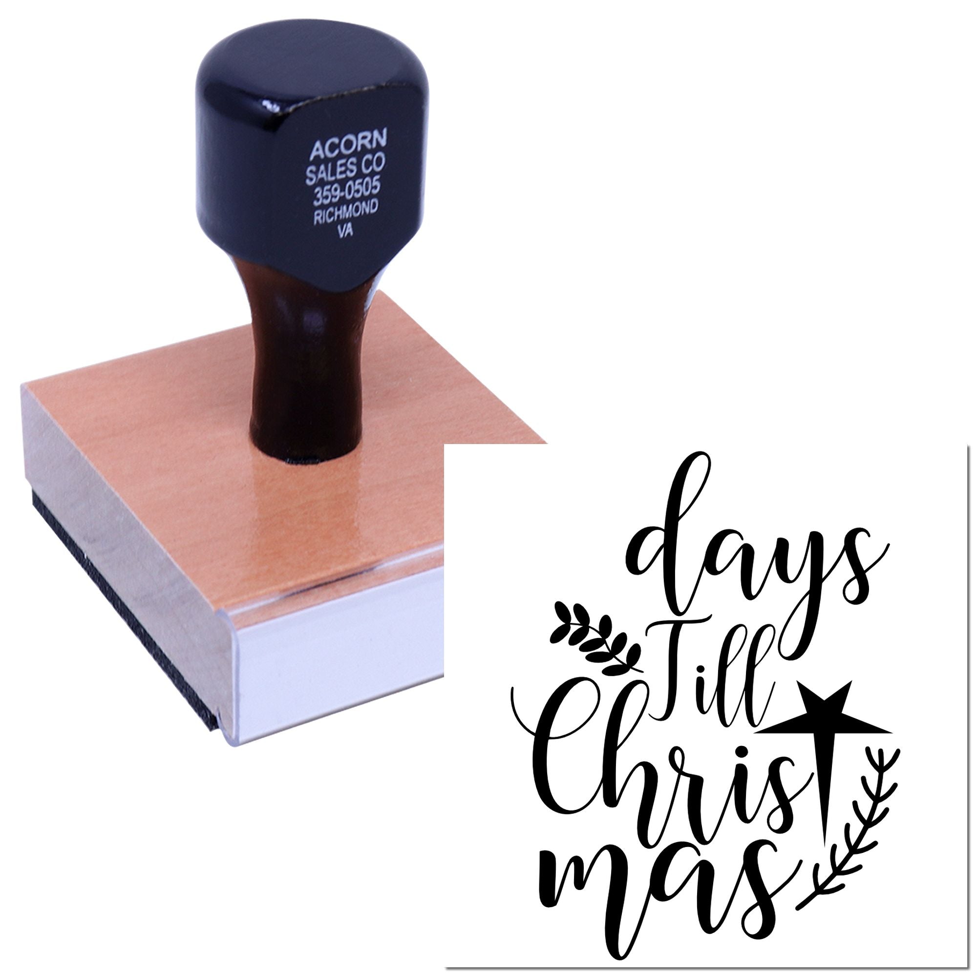 Custom rubber stamp with Days Till Christmas script, star and holly accents for holiday countdown crafts.