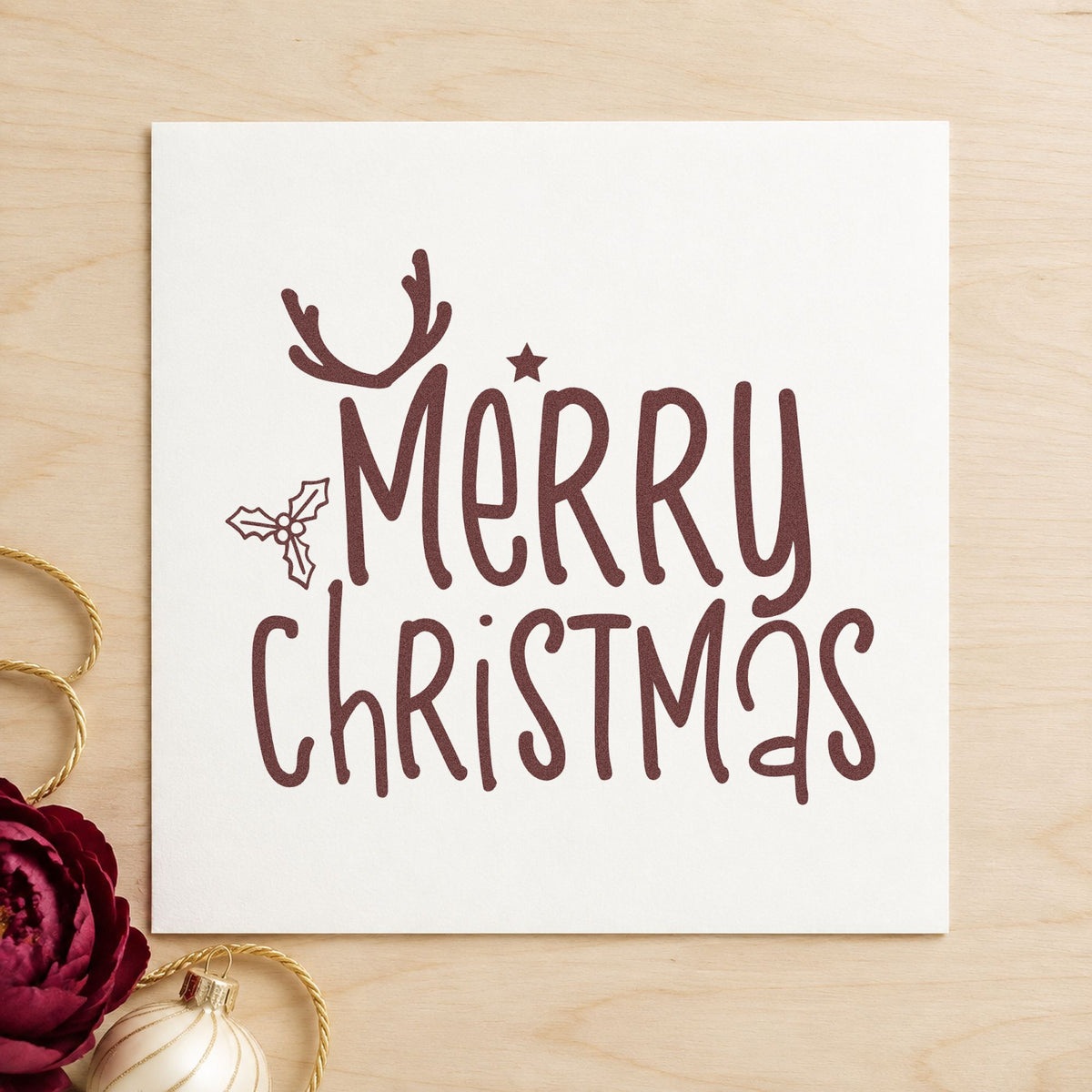 Merry Christmas Antlers Holly rubber stamp printed in brown ink, ready for daily note sheet and similar paper crafts.