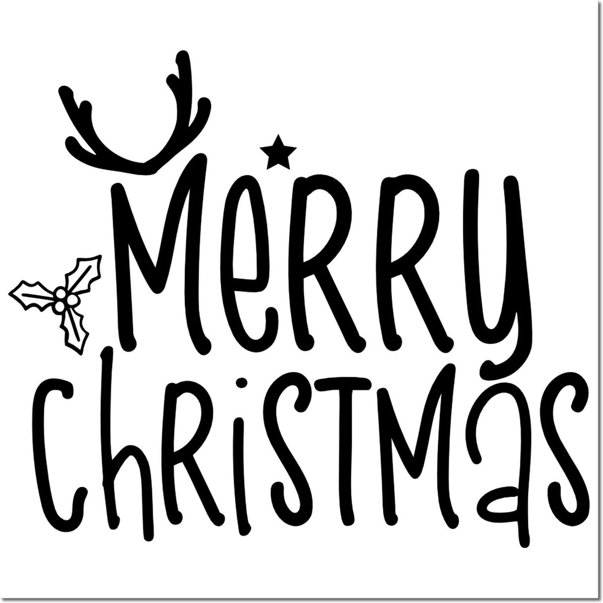 Merry Christmas rubber stamp design with reindeer antlers and holly for holiday cards, crafts, and festive packaging.