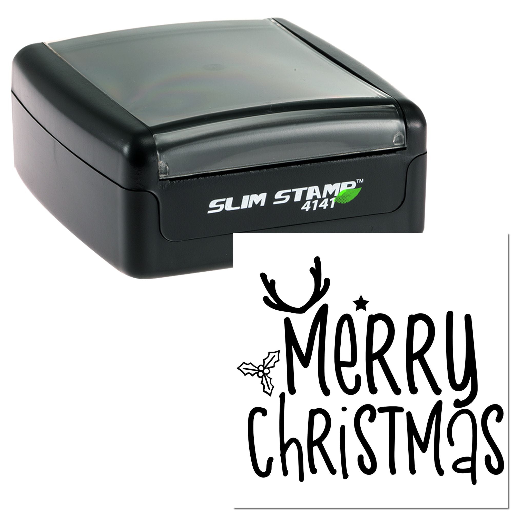 Slim Stamp 4141 self-inking rubber stamp with Merry Christmas impression for holiday cards and crafts.