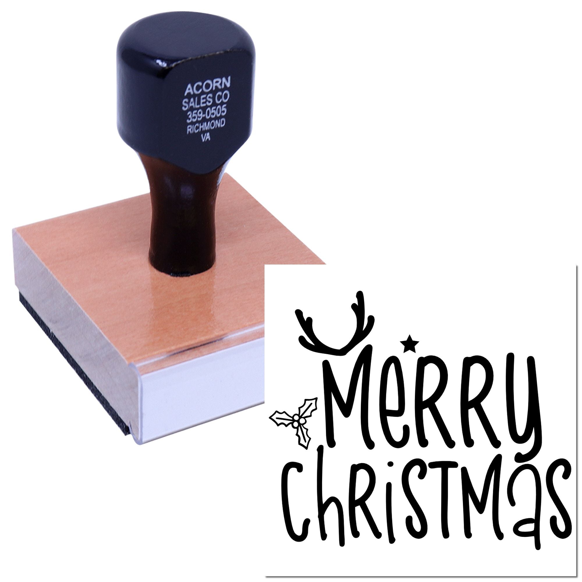 Custom Merry Christmas rubber stamp for holiday cards, gift wrap, and festive packaging.