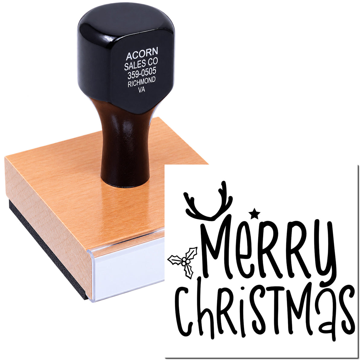 Custom Merry Christmas rubber stamp for holiday cards, gift wrap, and festive packaging.