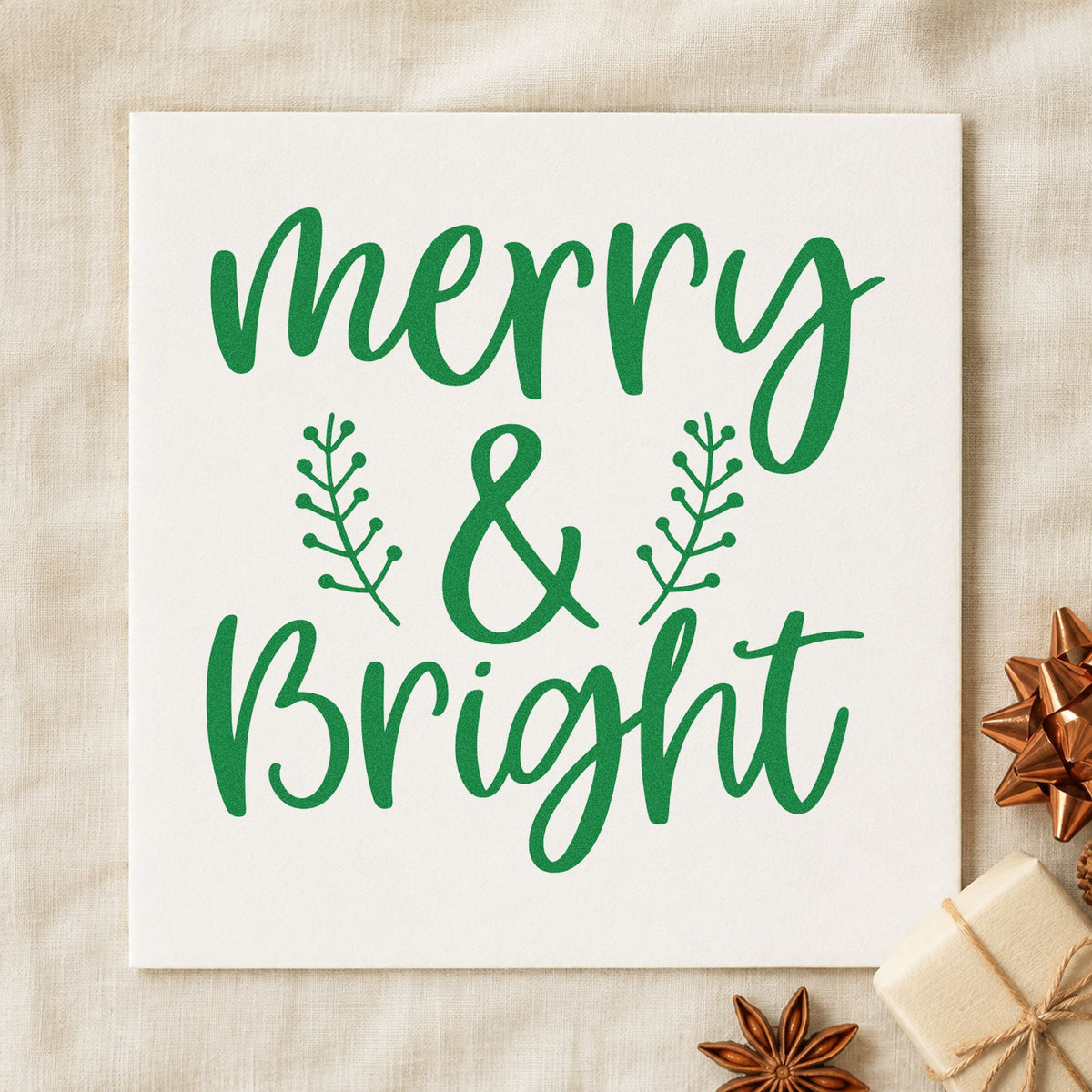 Merry And Bright Leafy Sprigs Script Lettering PSI Pre-Inked Stamp in use 3