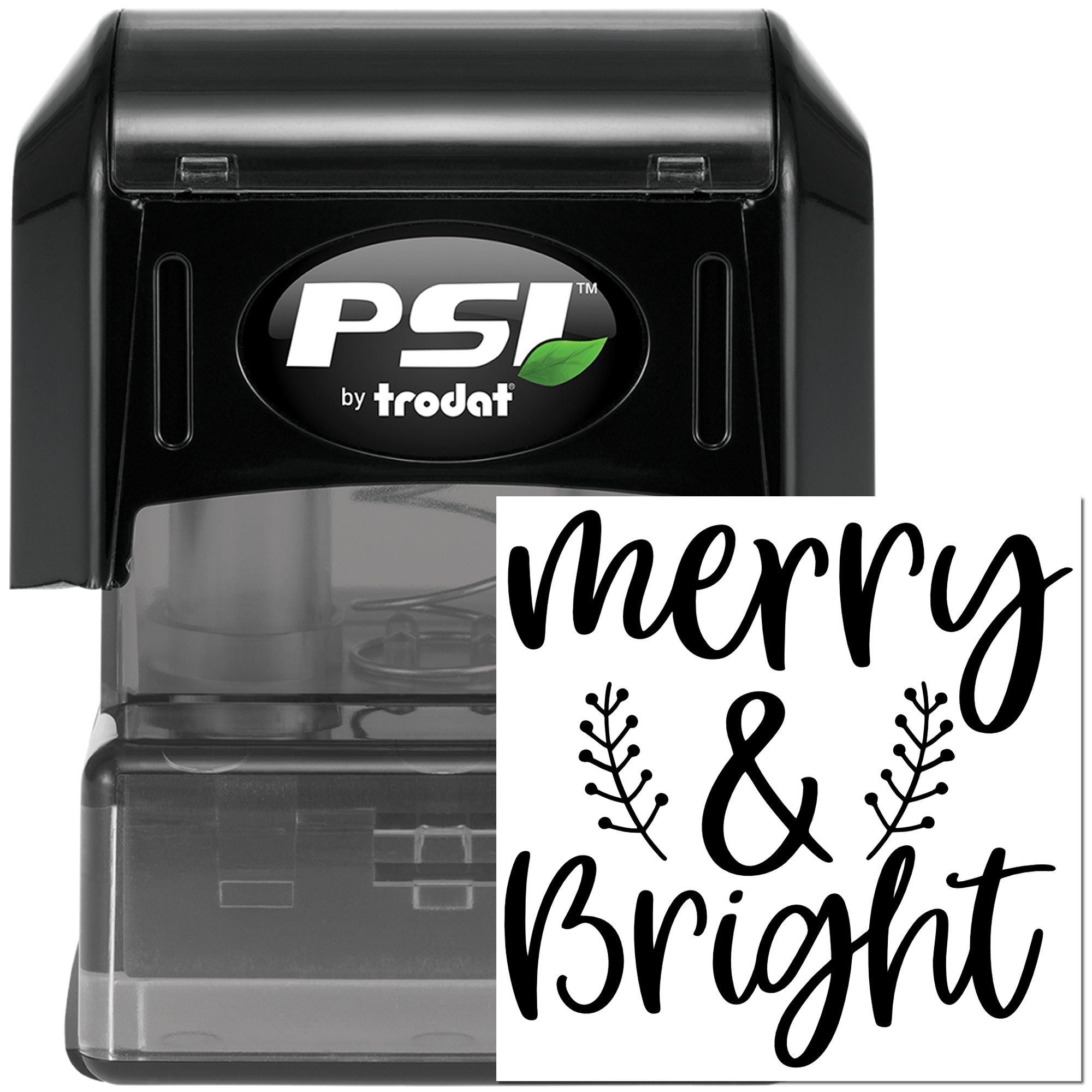 Self-inking Merry & Bright rubber stamp for holiday cards, custom PSI by Trodat festive script stamp