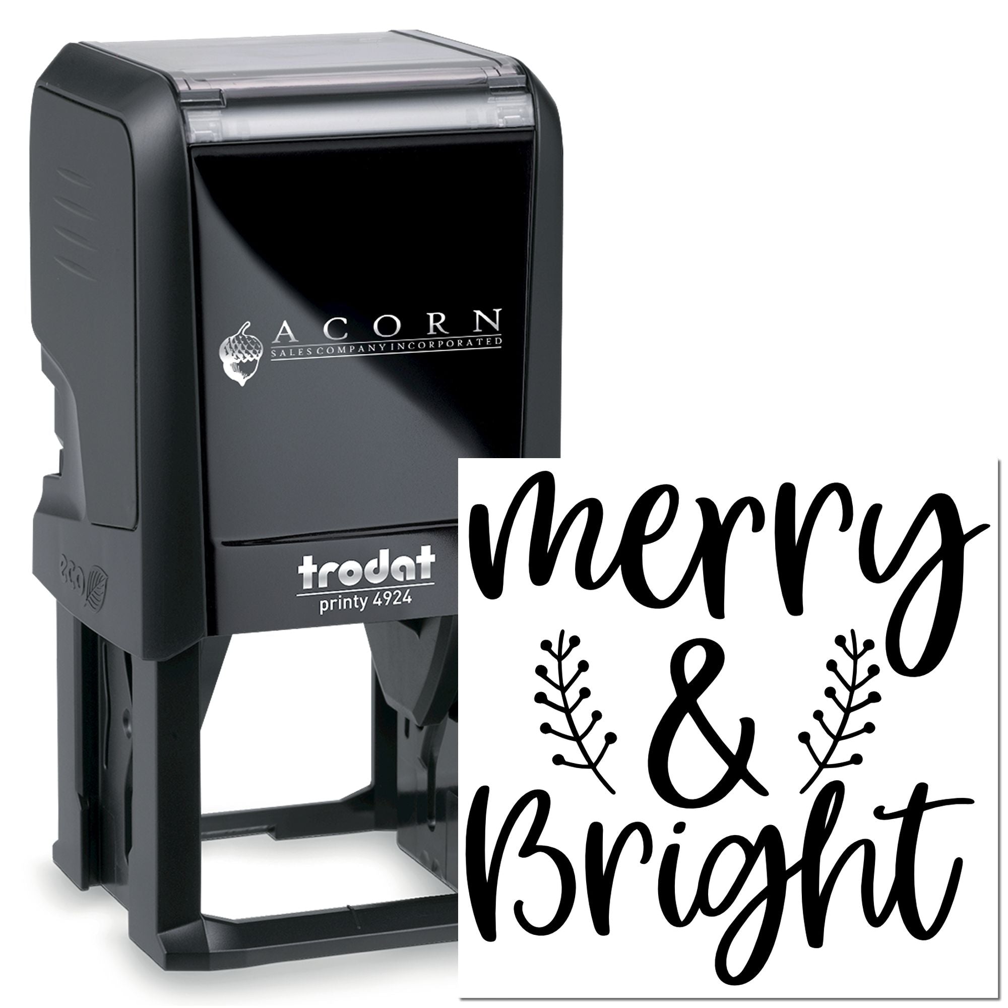 Custom Merry & Bright self-inking rubber stamp for holiday cards, featuring decorative branches and Trodat Printy 4924.
