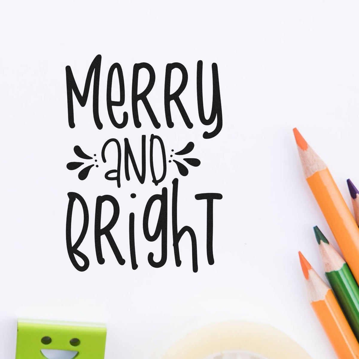 Merry and Bright holiday rubber stamp design for Christmas cards and gift wrapping on a white background.