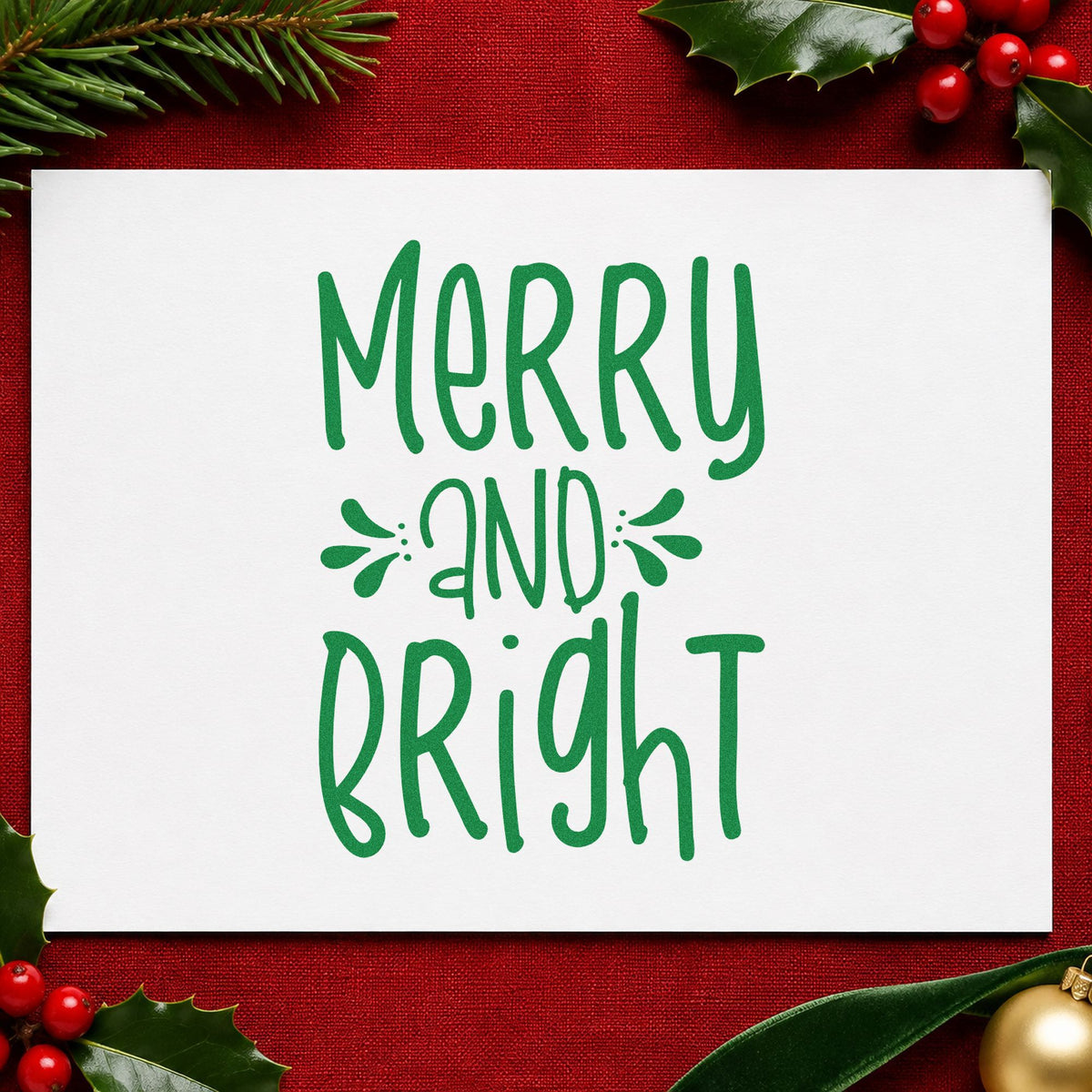 Merry And Bright Tall Letters craft stamp imprint in green ink on a handmade project, one idea being center mark gift tags.