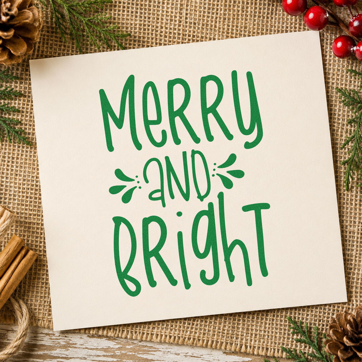Merry And Bright Tall Letters craft stamp imprinted in green ink on paper, a design suited to framed triptych center.