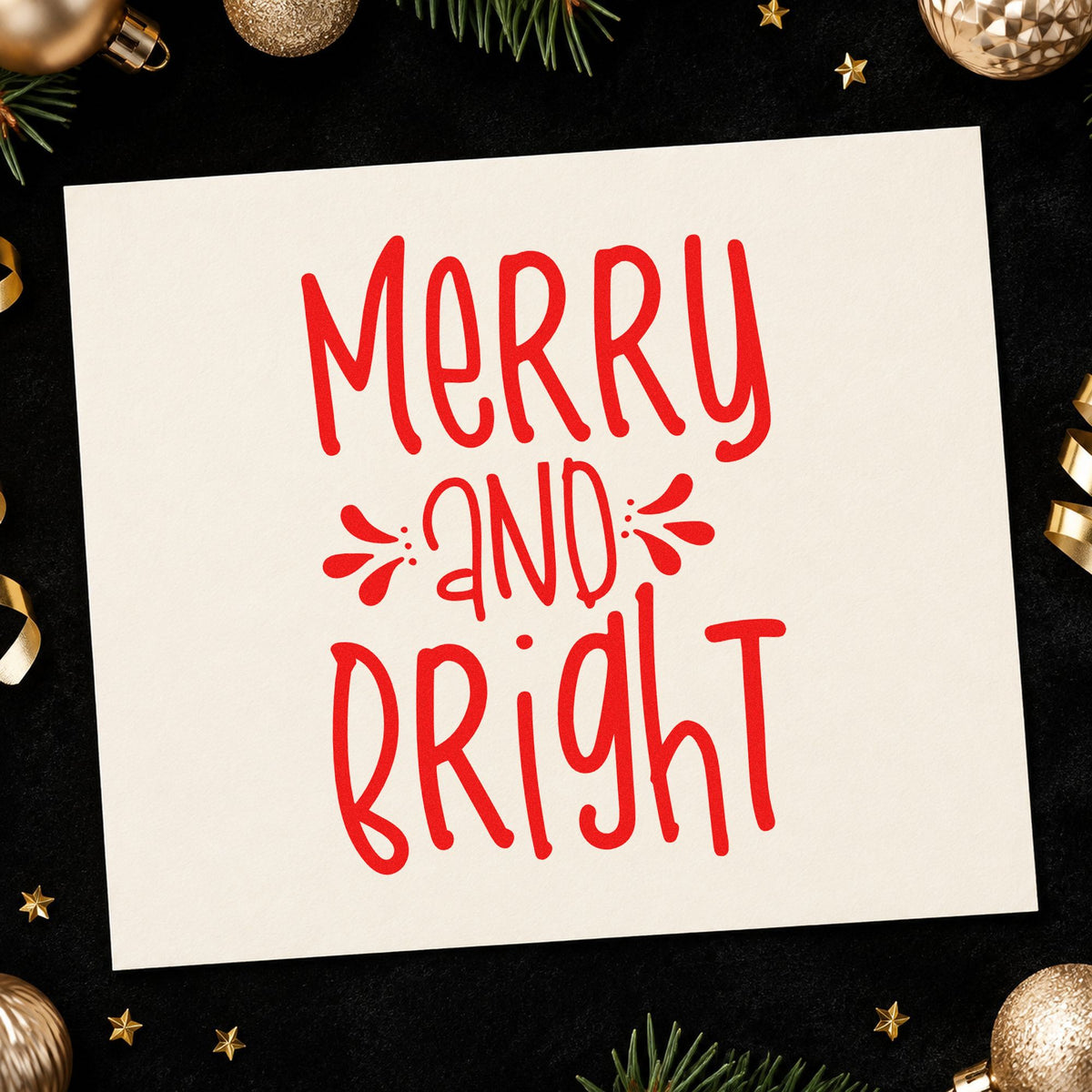 Merry And Bright Tall Letters rubber stamp shown in red ink, stamped for projects such as divider tab labels.