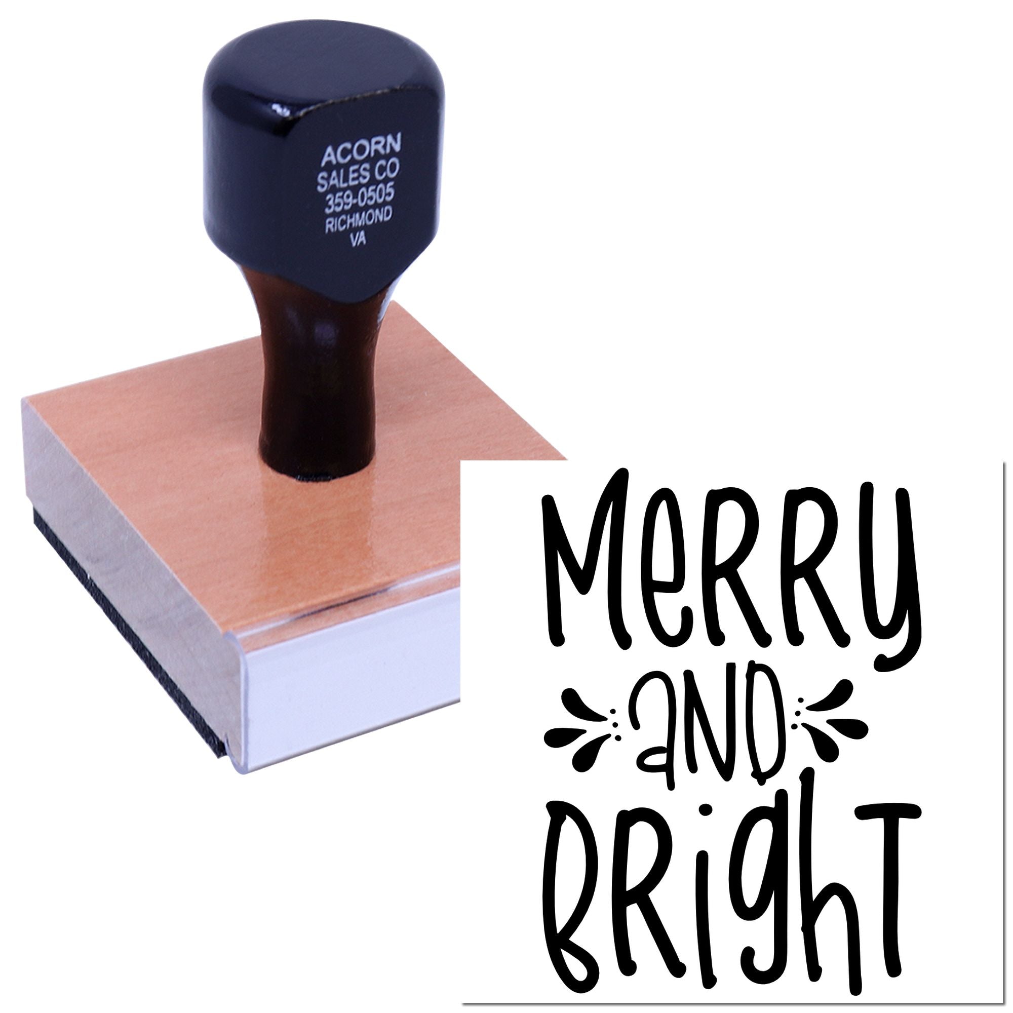 Custom Merry and Bright rubber stamp for holiday cards, gift tags, and festive packaging.