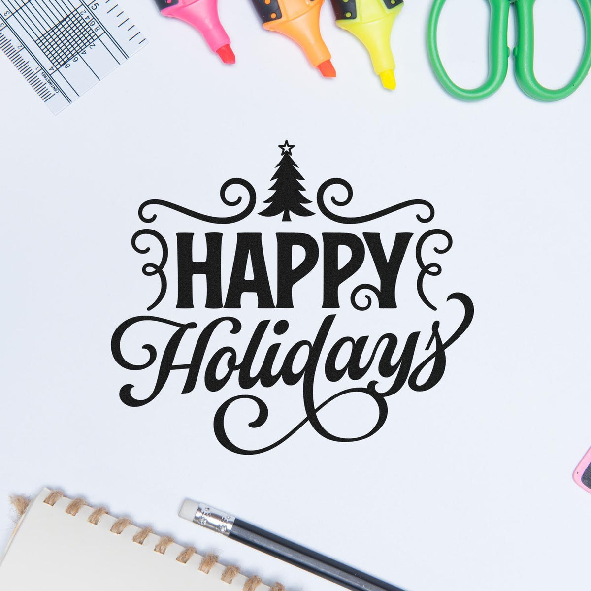 Happy Holidays rubber stamp design with decorative Christmas tree lettering, ideal for festive cards and holiday crafts.