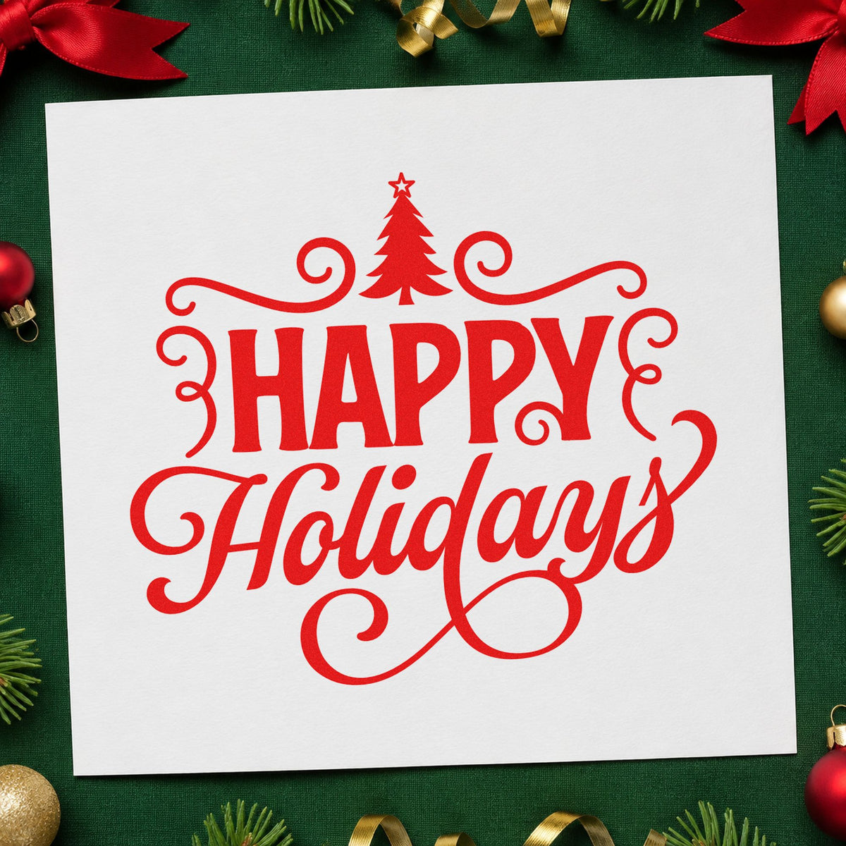 Happy Holidays Tree Flourishes Rubber Stamp – Duo Hand in use 5