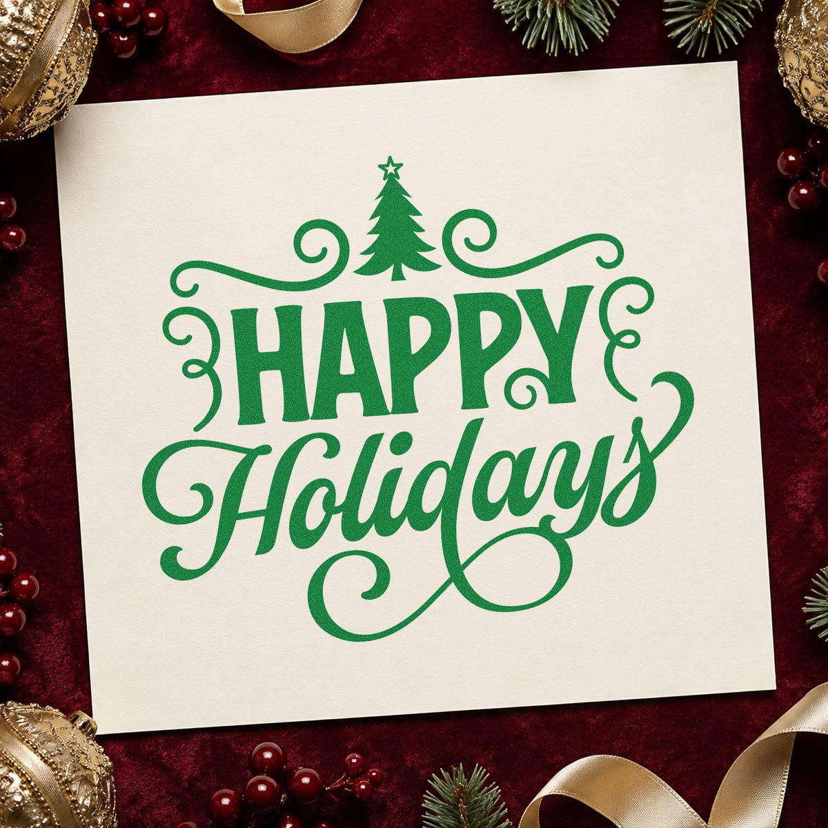 Happy Holidays Tree Flourishes craft stamp imprint in green ink on a handmade project, one idea being dinner invite cards.