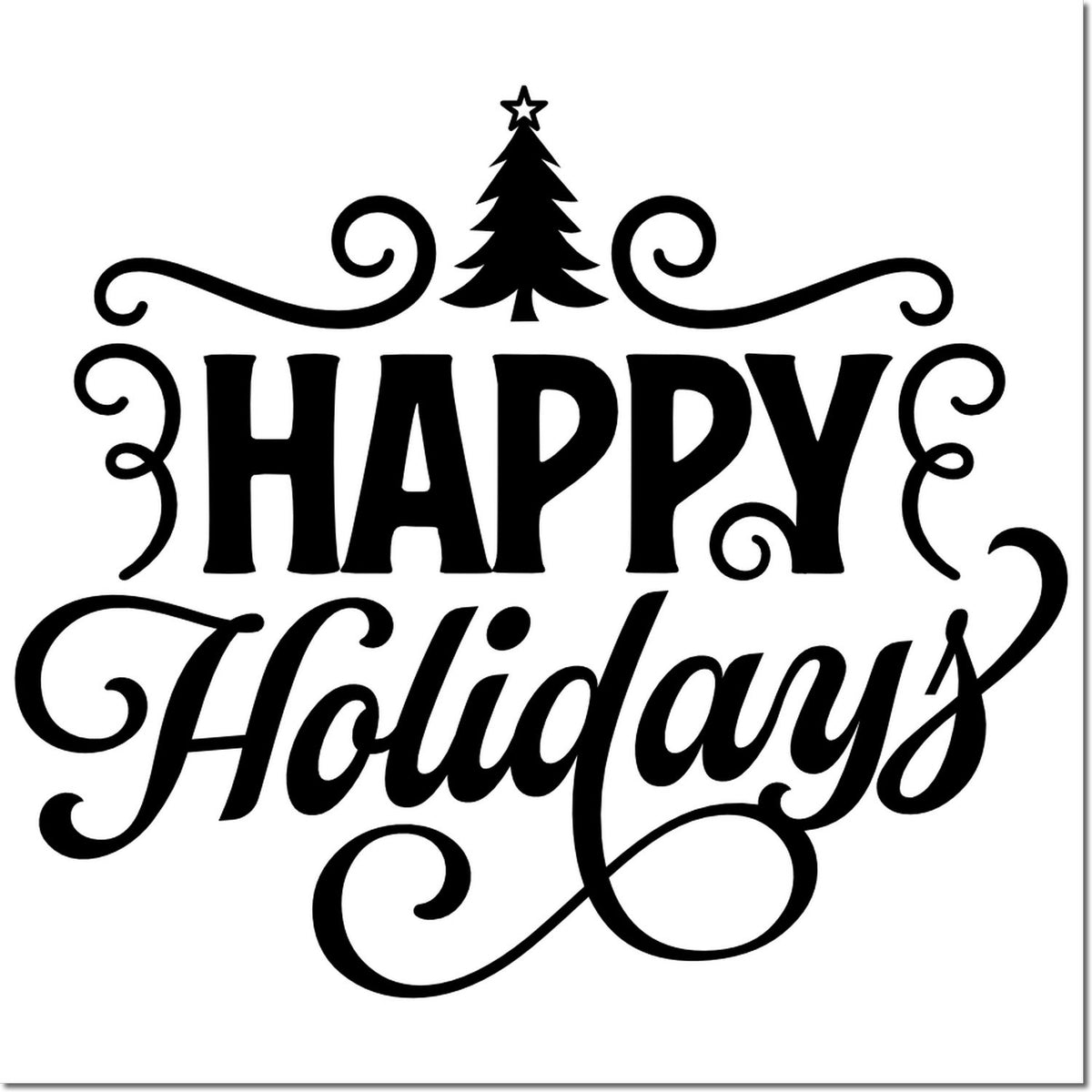 Decorative Happy Holidays rubber stamp design with Christmas tree and swirls for festive holiday cards and crafts.