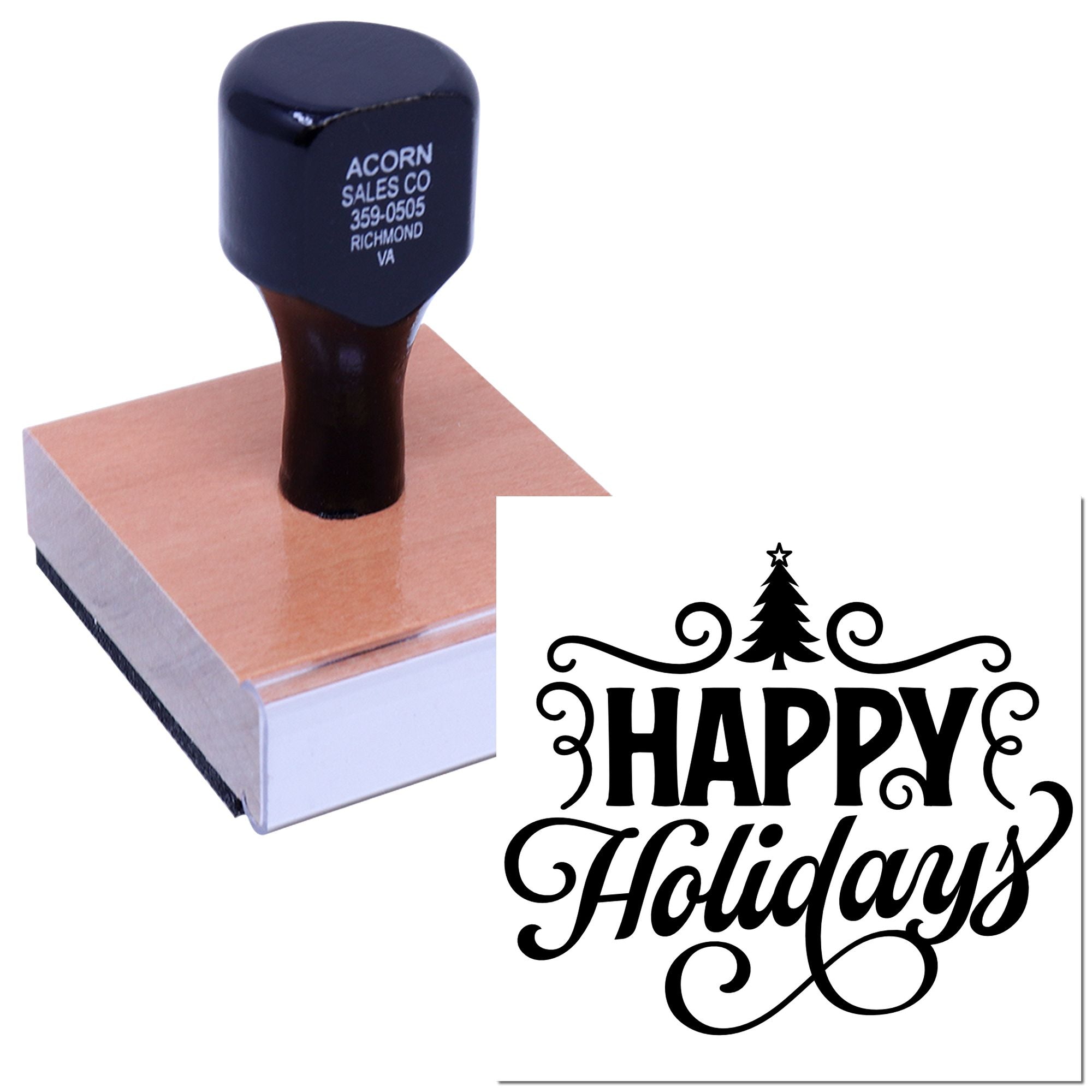 Custom rubber stamp with Happy Holidays design for festive cards, packaging, and holiday craft projects.