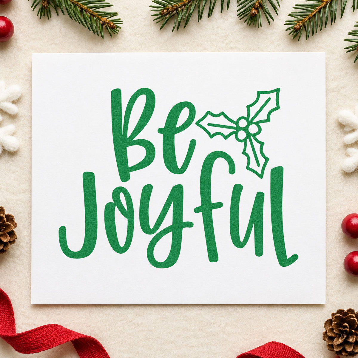 Be Joyful Holly craft stamp imprint in green ink on a handmade project, one idea being two word gift tags.