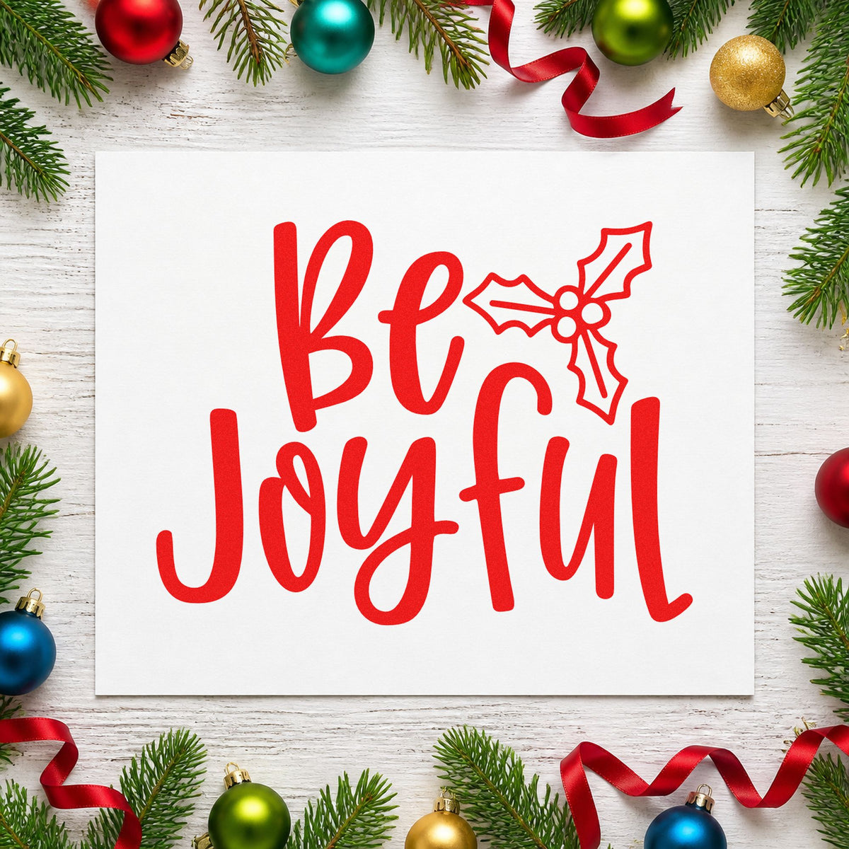 Be Joyful Holly rubber stamp shown in red ink, stamped for projects such as candle tin labels.