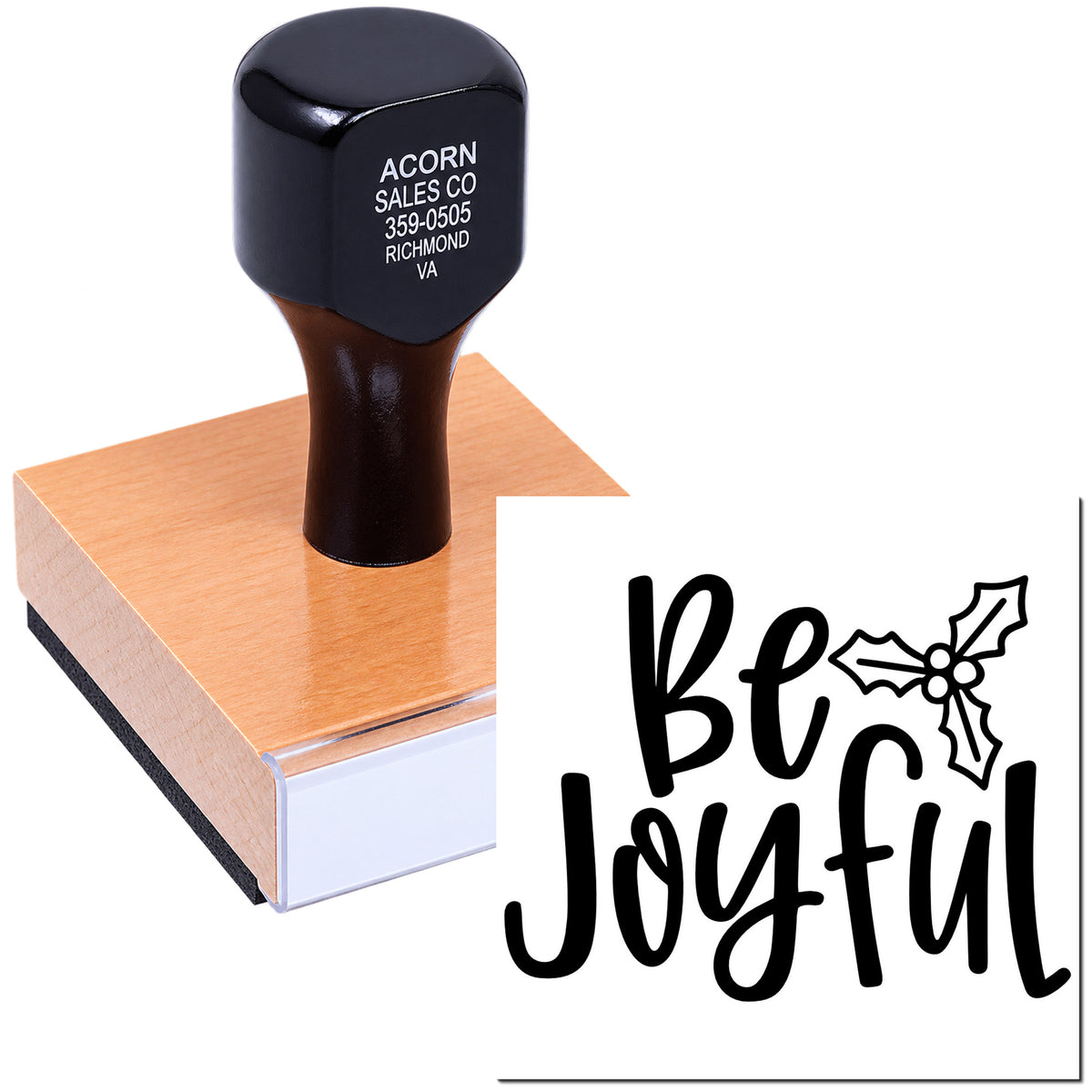 Custom Christmas rubber stamp with Be Joyful holly design for holiday cards, gift tags, and crafts.