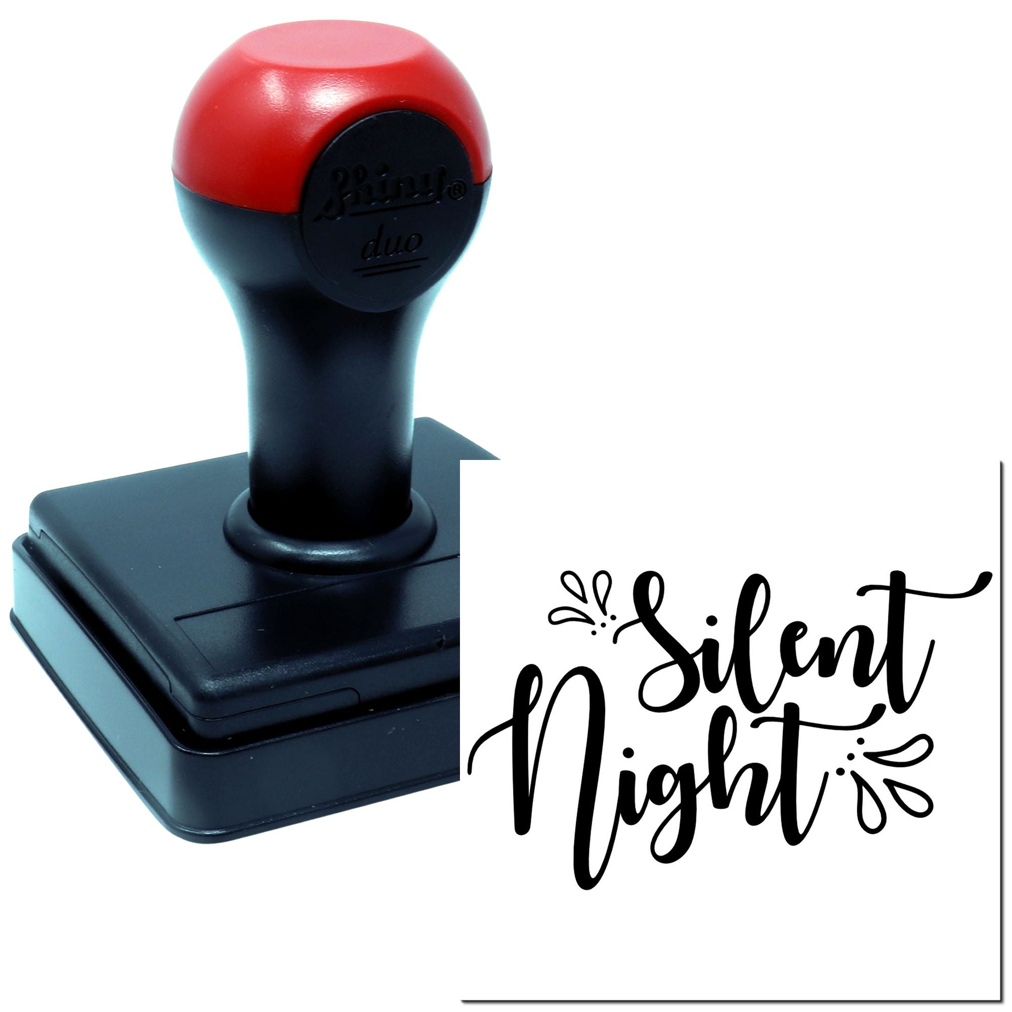 Self-inking rubber stamp with Silent Night script design, ideal for holiday cards, crafts, and Christmas paper projects.