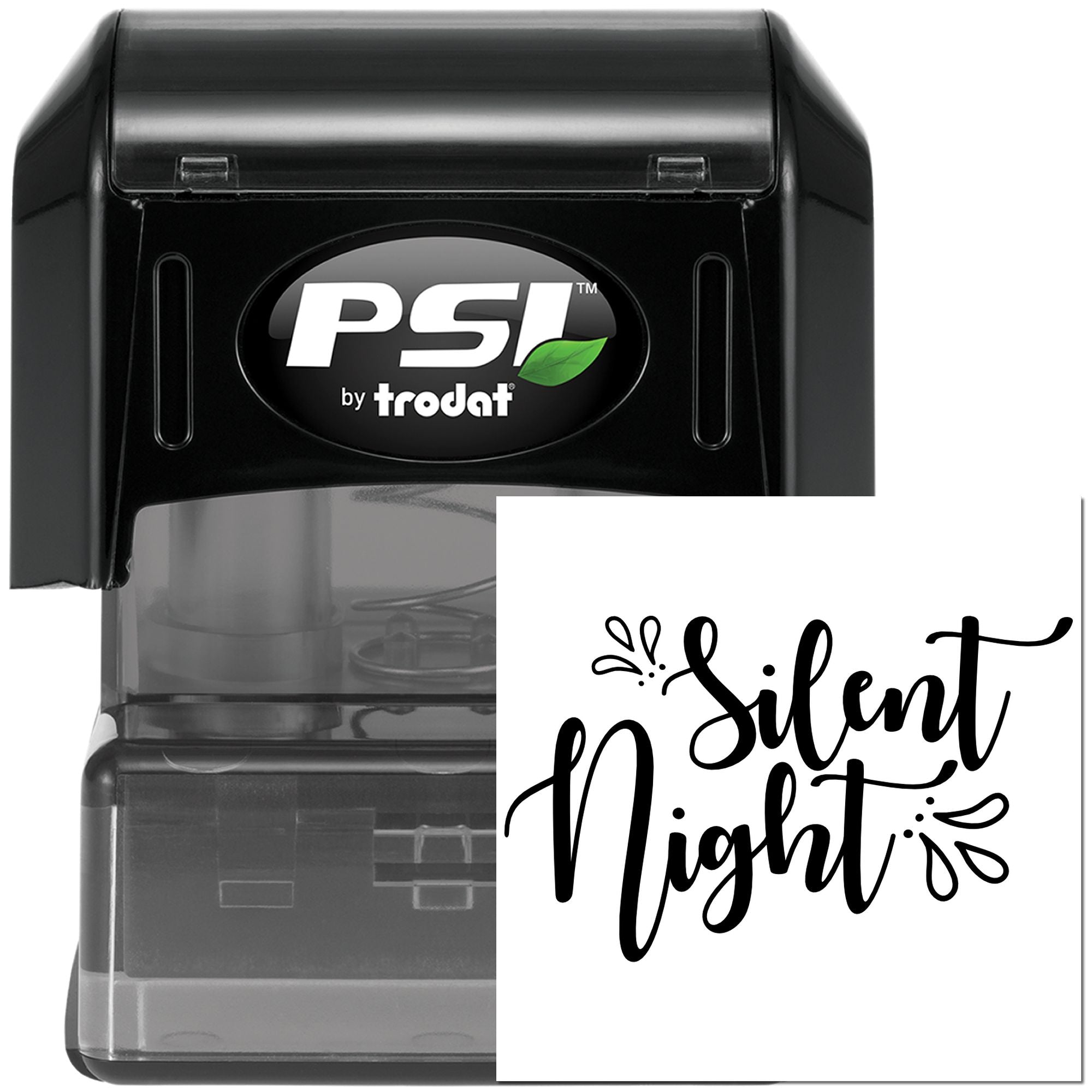 PSI by Trodat self-inking rubber stamp with Silent Night script, ideal for Christmas card making and holiday crafts.