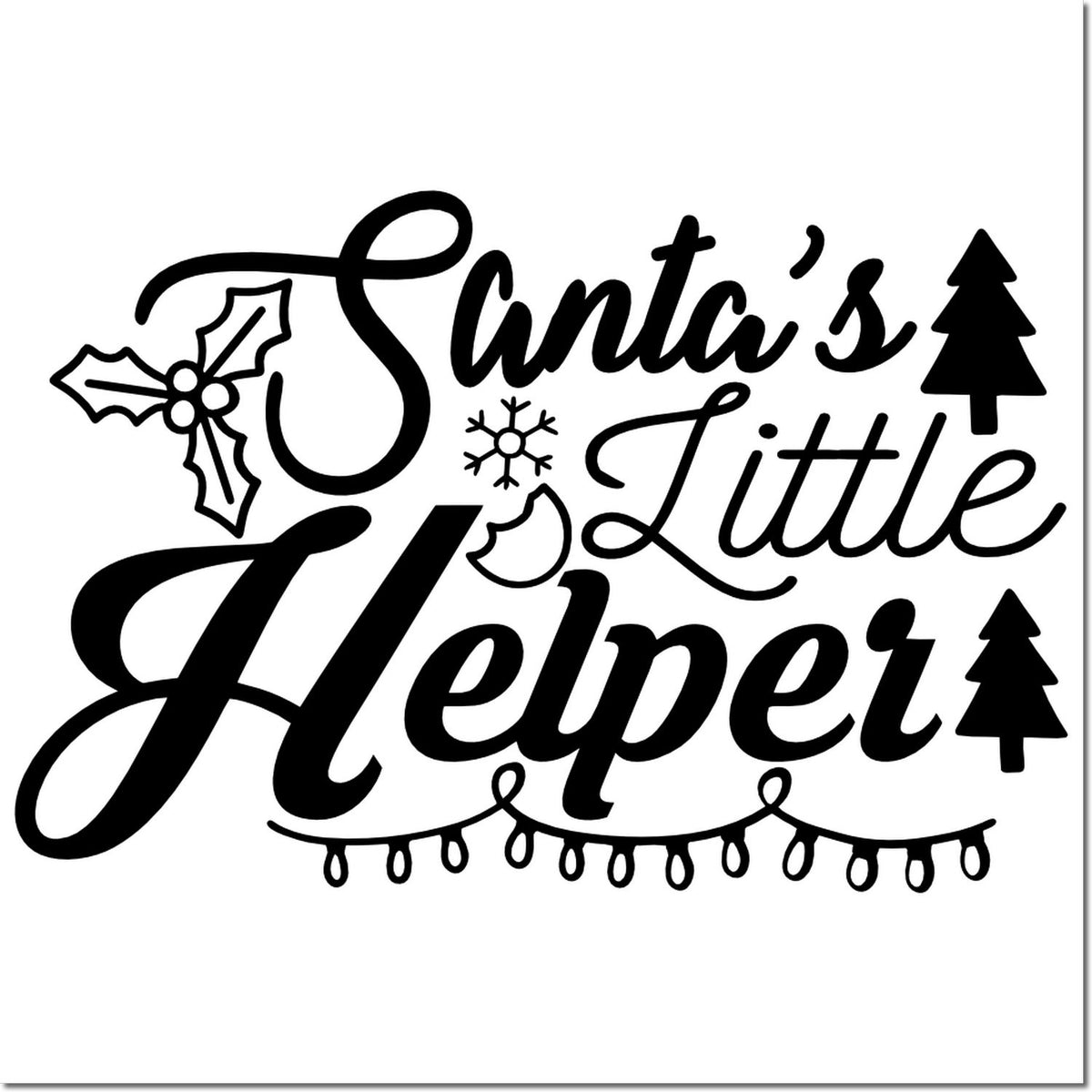 Santa's Little Helper Christmas rubber stamp for holiday crafts, featuring festive holly, tree, and string lights.
