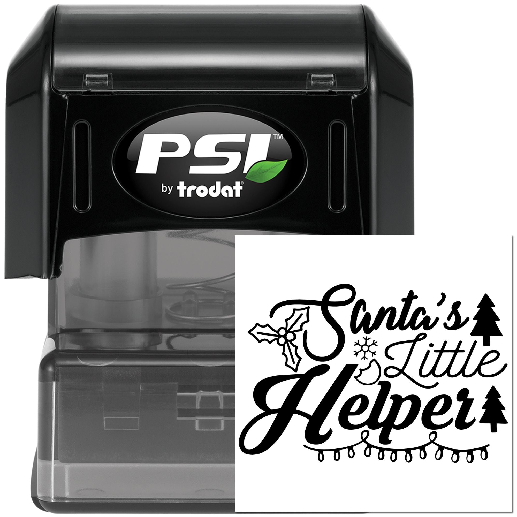 PSI by Trodat self-inking rubber stamp with custom Santas Little Helper holiday design for Christmas crafts and packaging