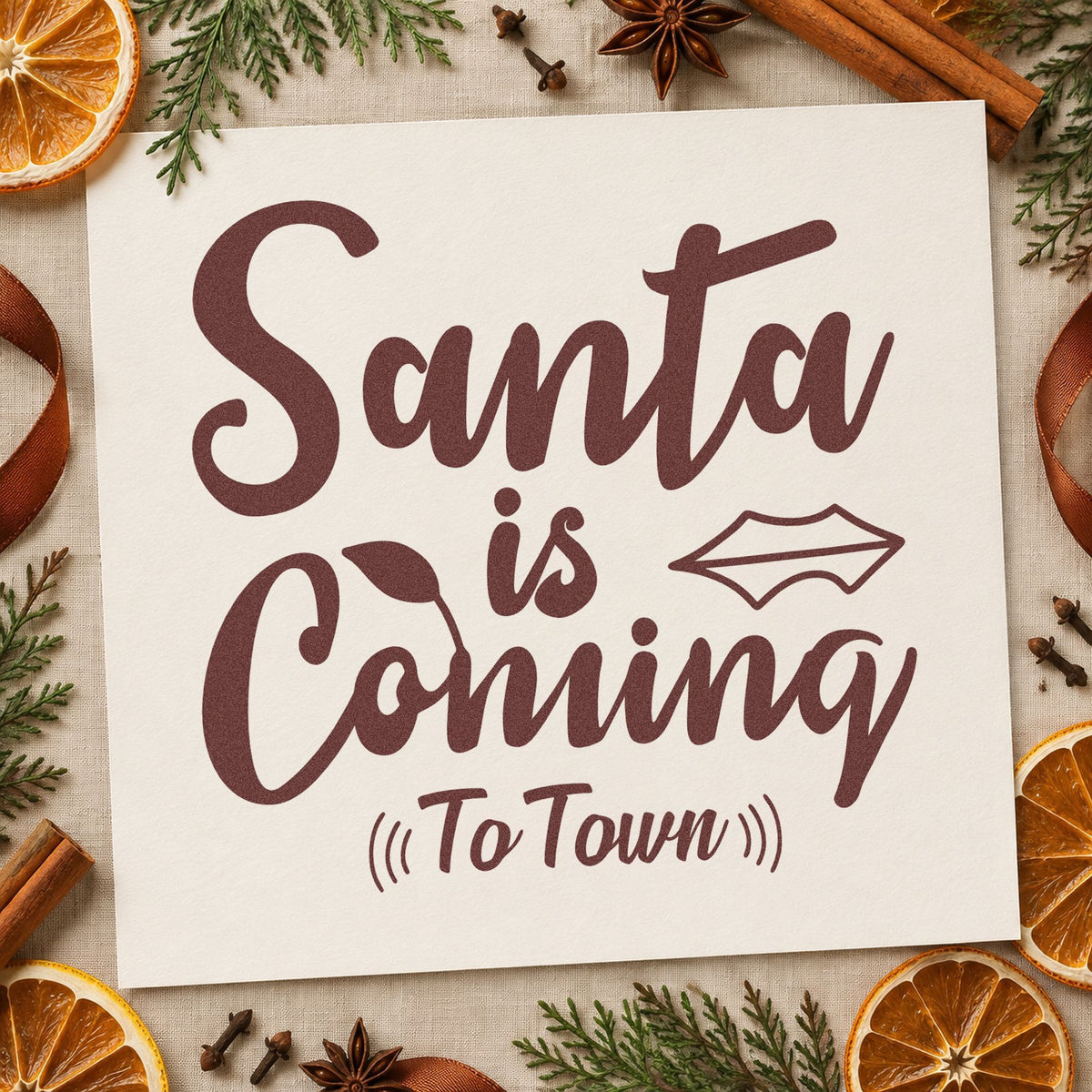 Santa Is Coming To Town rubber stamp printed in brown ink, ready for footnote log sheet and similar paper crafts.