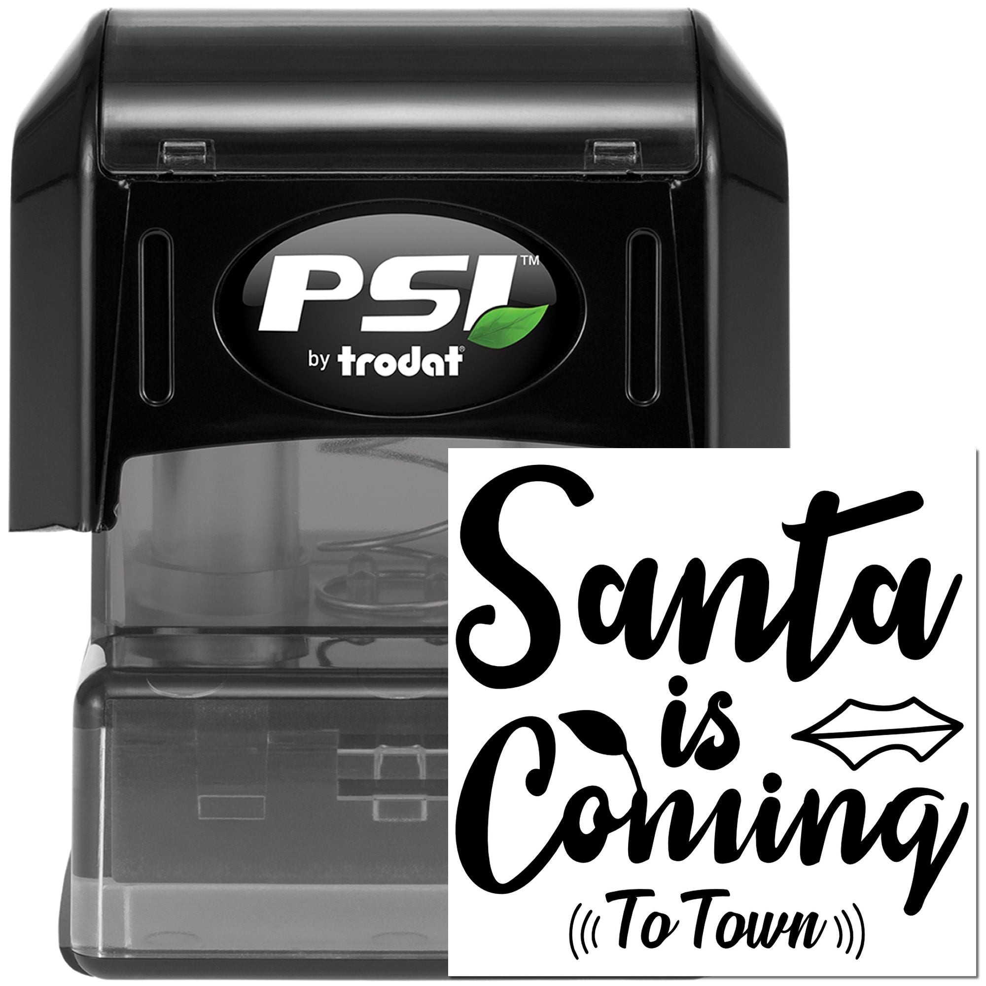 PSI by Trodat self-inking rubber stamp with Santa Is Coming to Town holiday imprint for Christmas crafting