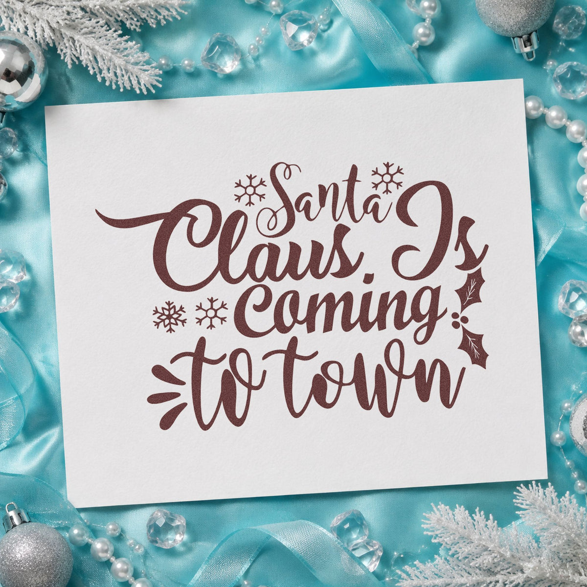 Santa Claus Coming To Town rubber stamp printed in brown ink, ready for visit schedule sheet and similar paper crafts.