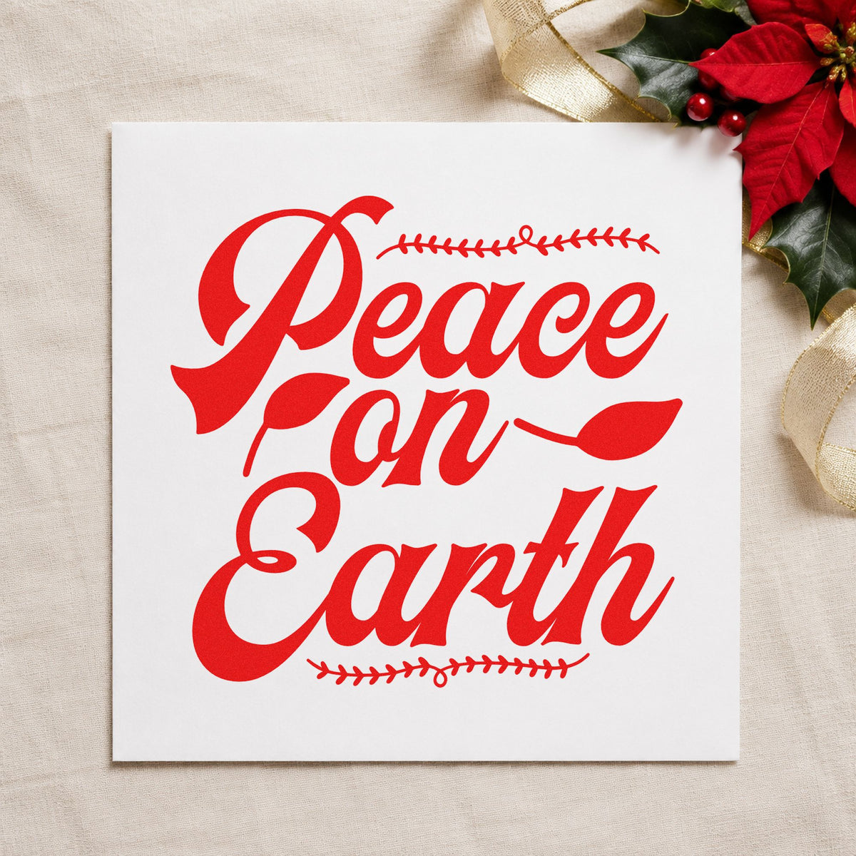 Peace On Earth Leaf Borders craft stamp in red ink on cardstock, an easy option for curtain hem printing.