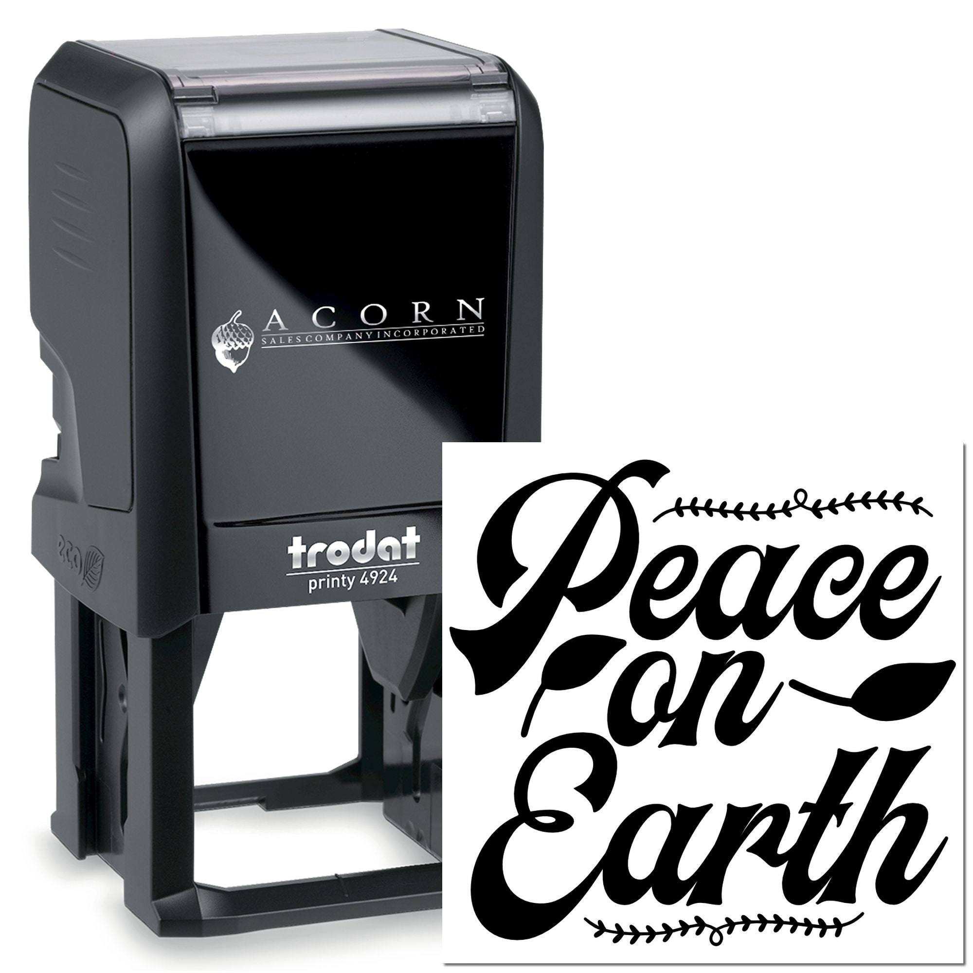 Custom self-inking rubber stamp with Peace on Earth design for holiday cards, crafts, and eco-friendly messaging.