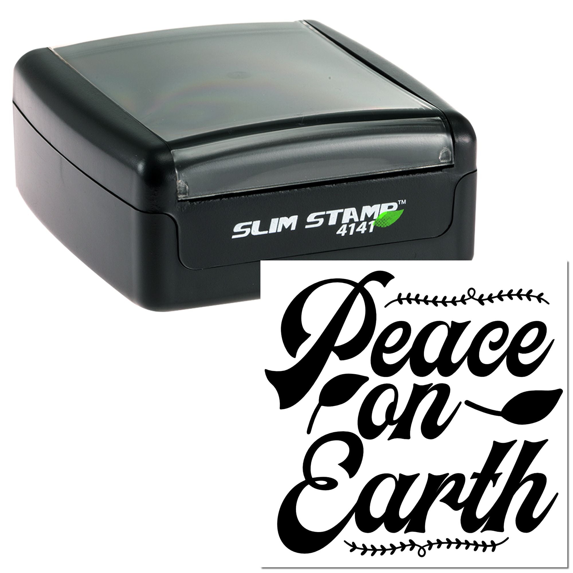 Self-inking rubber stamp with Peace on Earth impression, ideal for holiday cards, crafts, and custom stamping.