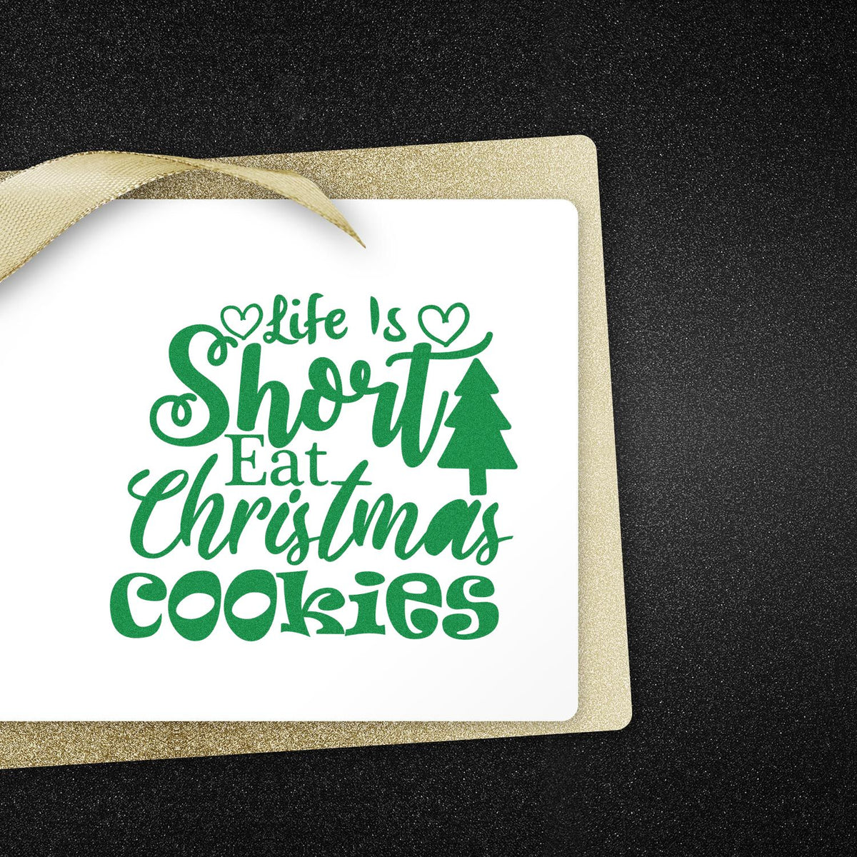 Christmas rubber stamp design with Life Is Short Eat Christmas Cookies text, tree, and hearts for holiday cards and gift tags.