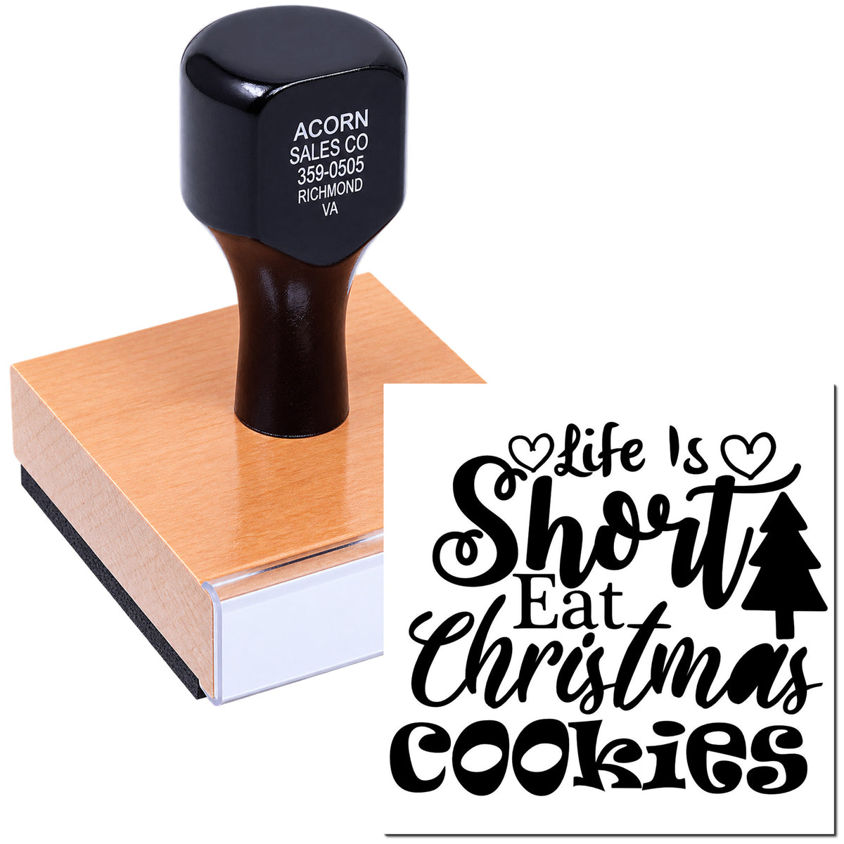 Custom rubber stamp featuring Life Is Short Eat Christmas Cookies design for holiday baking labels and festive crafts.