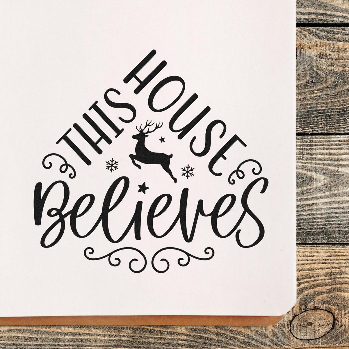 This House Believes Christmas rubber stamp with reindeer and snowflakes for festive holiday cards, crafts, and farmhouse decor
