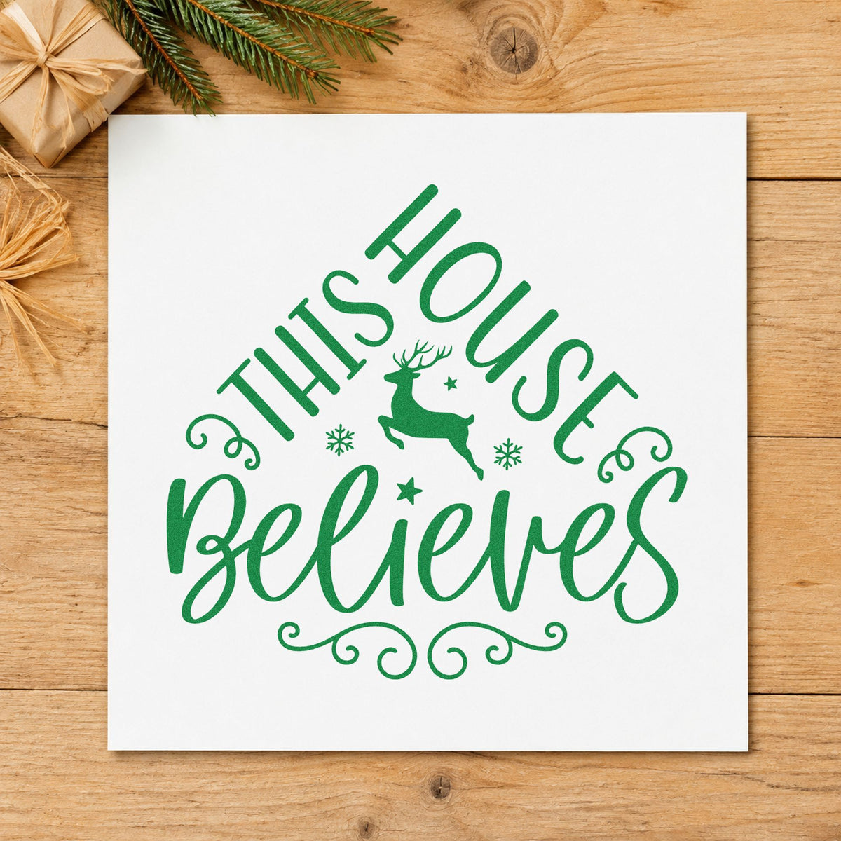 Duo Hand This House Believes Reindeer Rubber Stamp in use 3