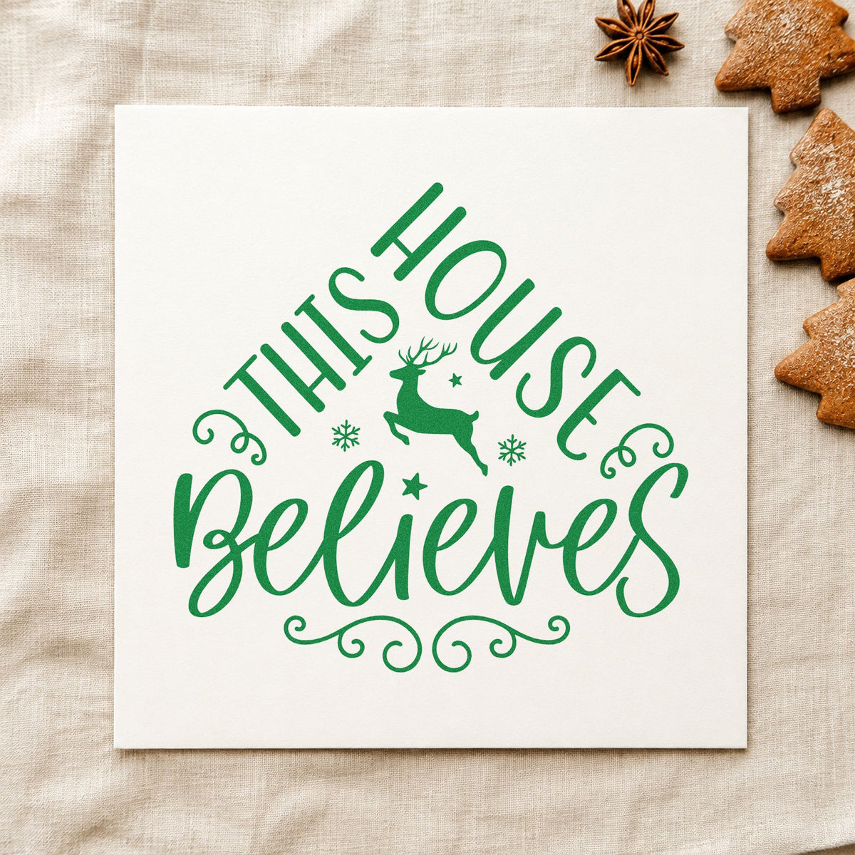 Duo Hand This House Believes Reindeer Rubber Stamp in use 6