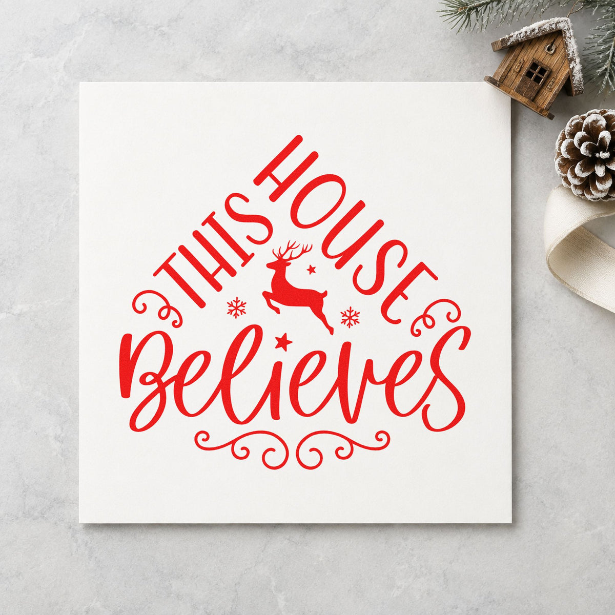 Duo Hand This House Believes Reindeer Rubber Stamp in use 7