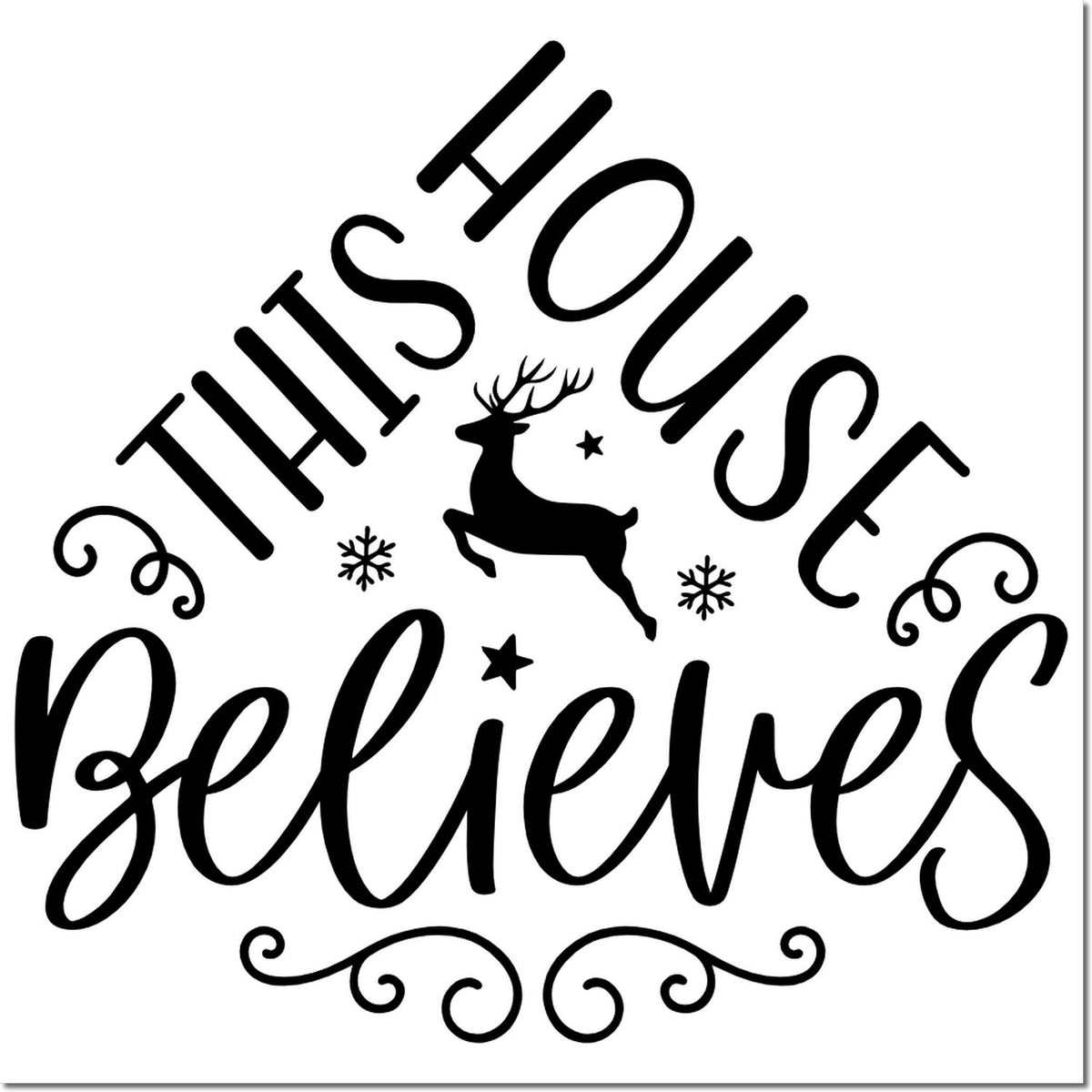 This I Believe rubber stamp design with deer, snowflakes, and decorative script for winter and Christmas crafts.