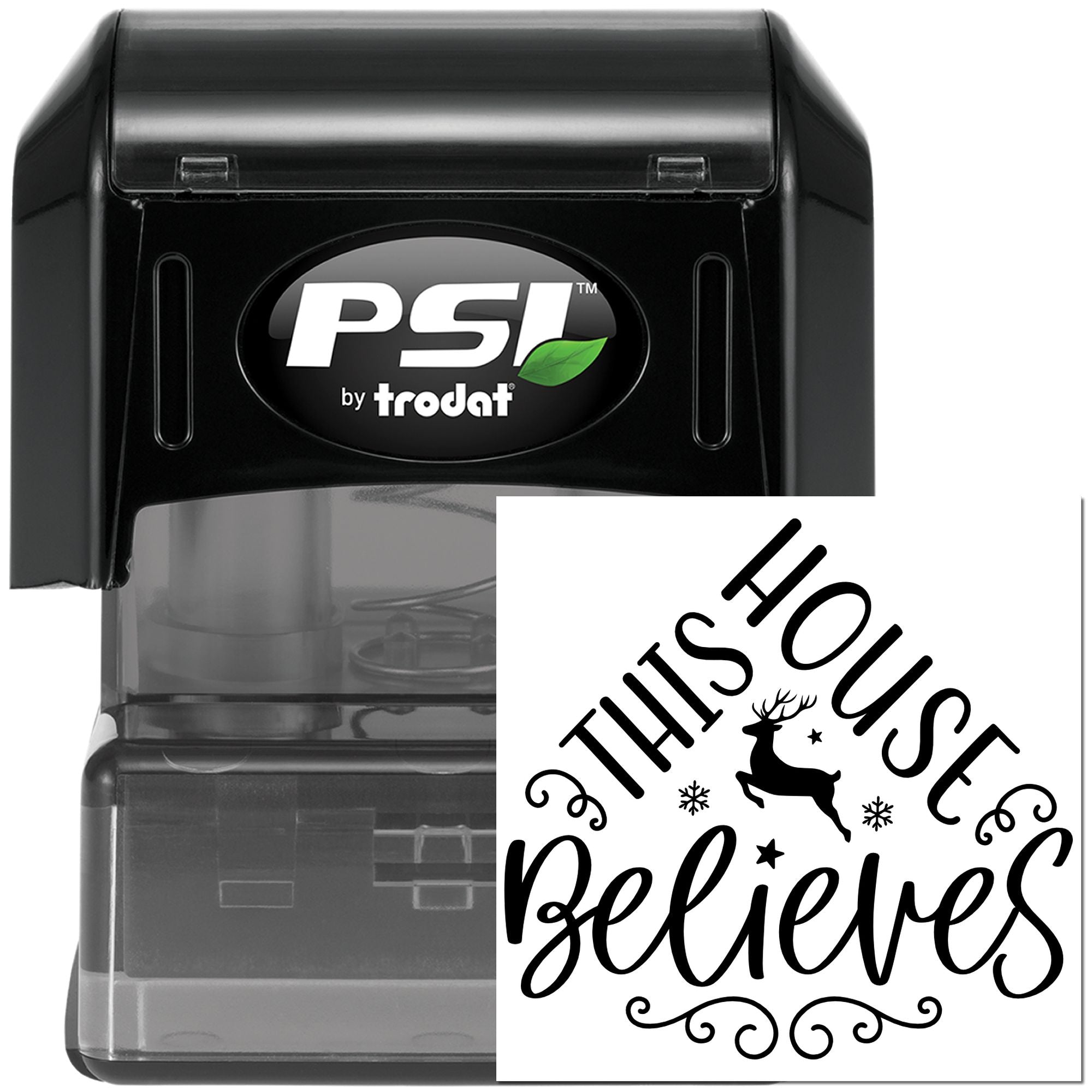 PSI by Trodat self-inking rubber stamp with This House Believes holiday deer design for Christmas card making.