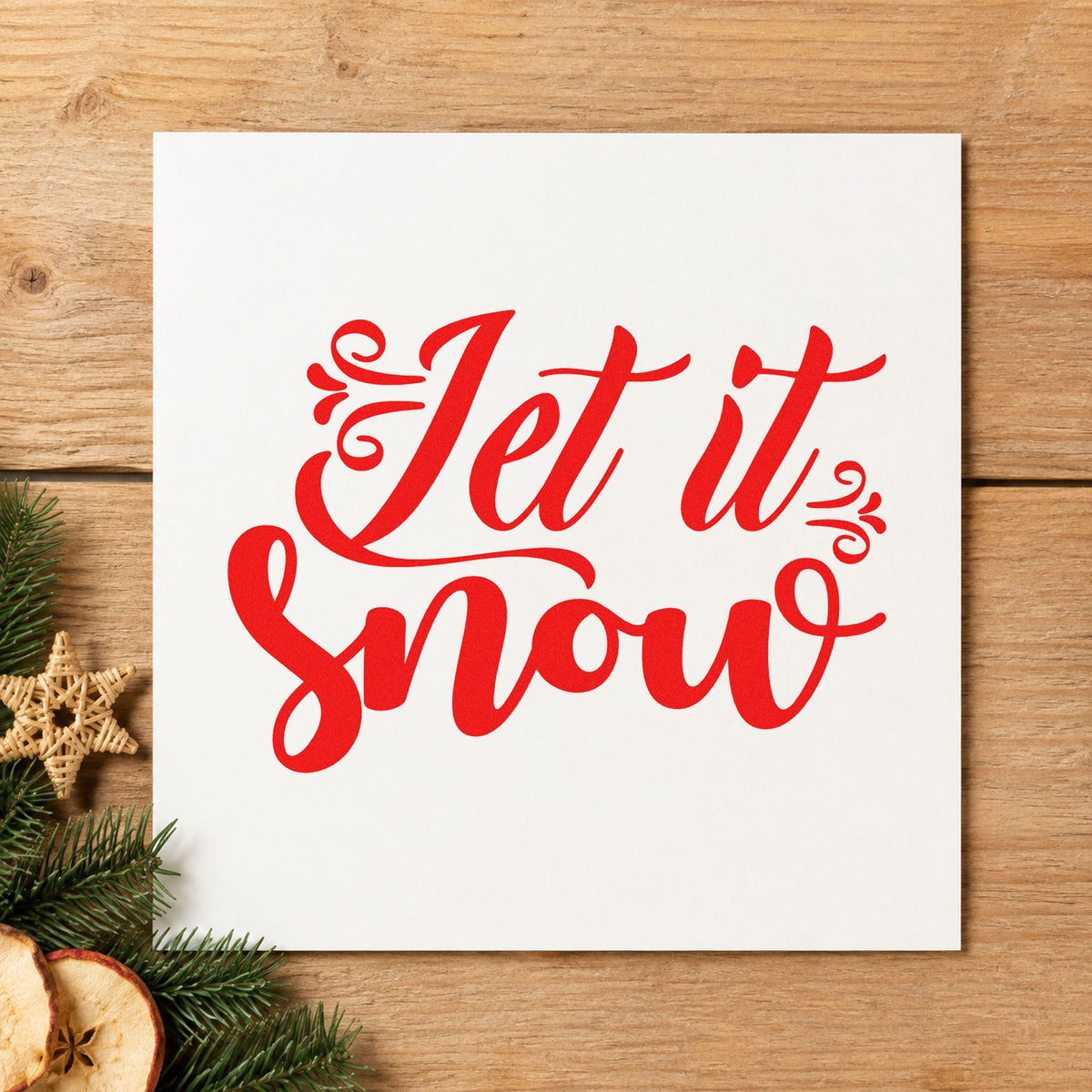 Let It Snow Decorative Script craft stamp in red ink on cardstock, an easy option for runner end printing.