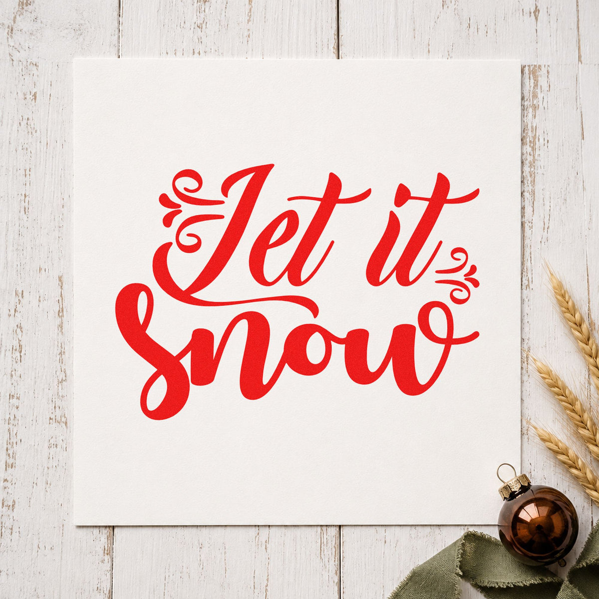 Let It Snow Decorative Script rubber stamp shown in red ink, stamped for projects such as twin jar labels.