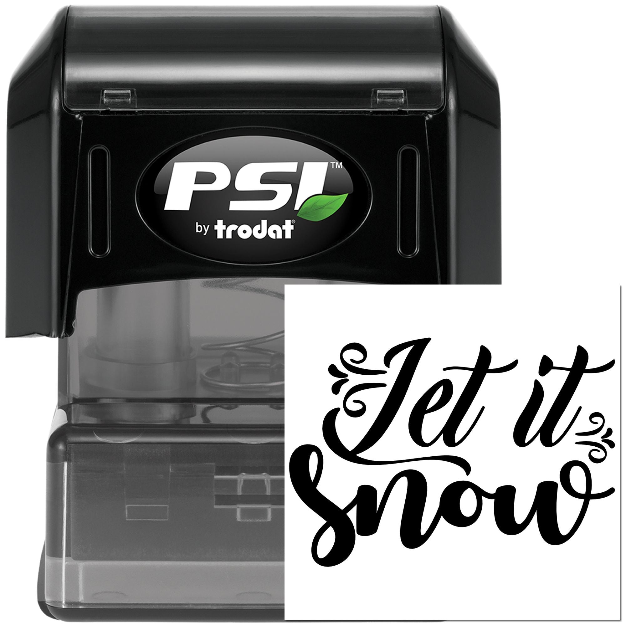 PSI by Trodat self-inking rubber stamp with Let it Snow design for winter crafts, holiday cards, and seasonal packaging.