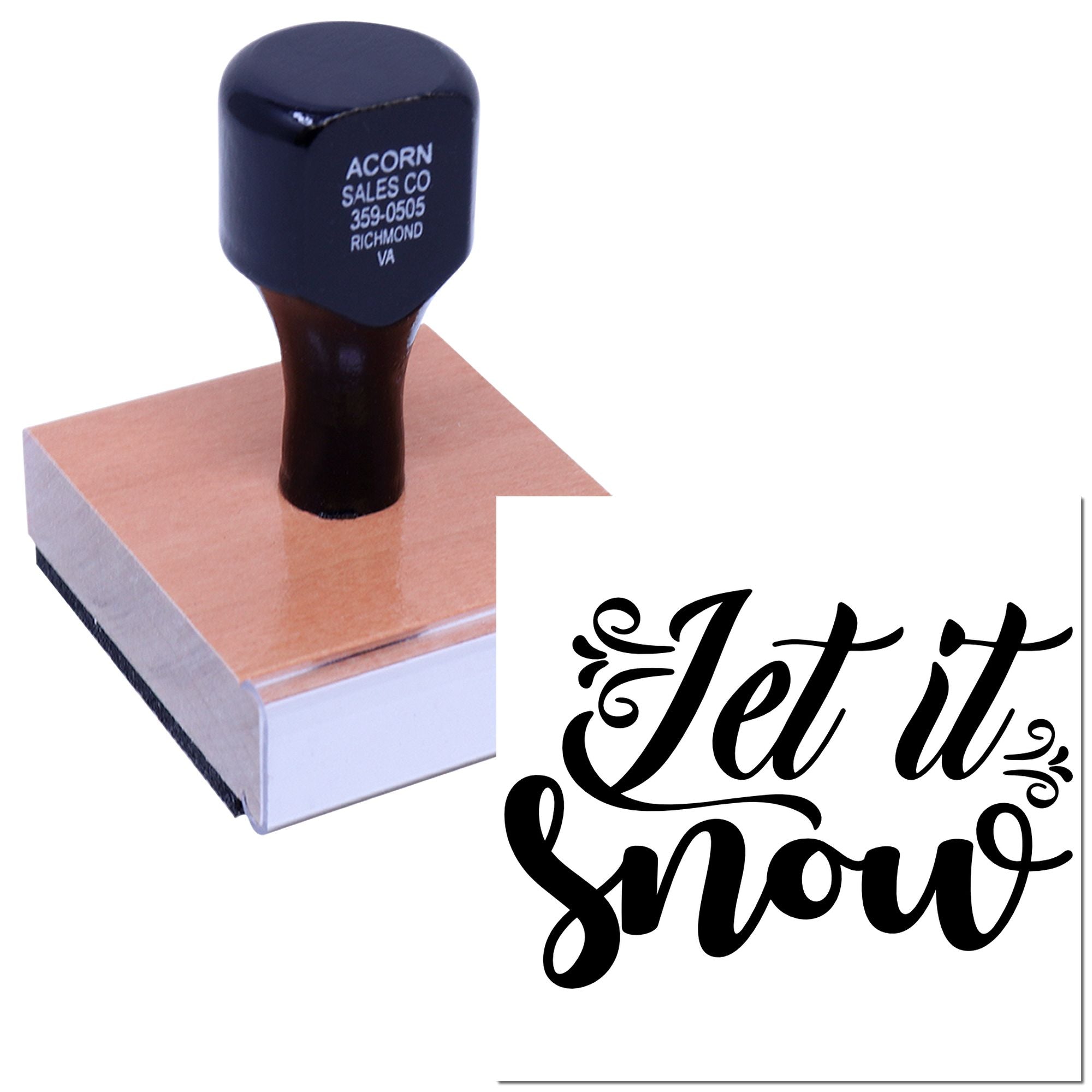 Wood-mounted rubber stamp with Let it snow script design for holiday cards, crafts, and winter paper projects.